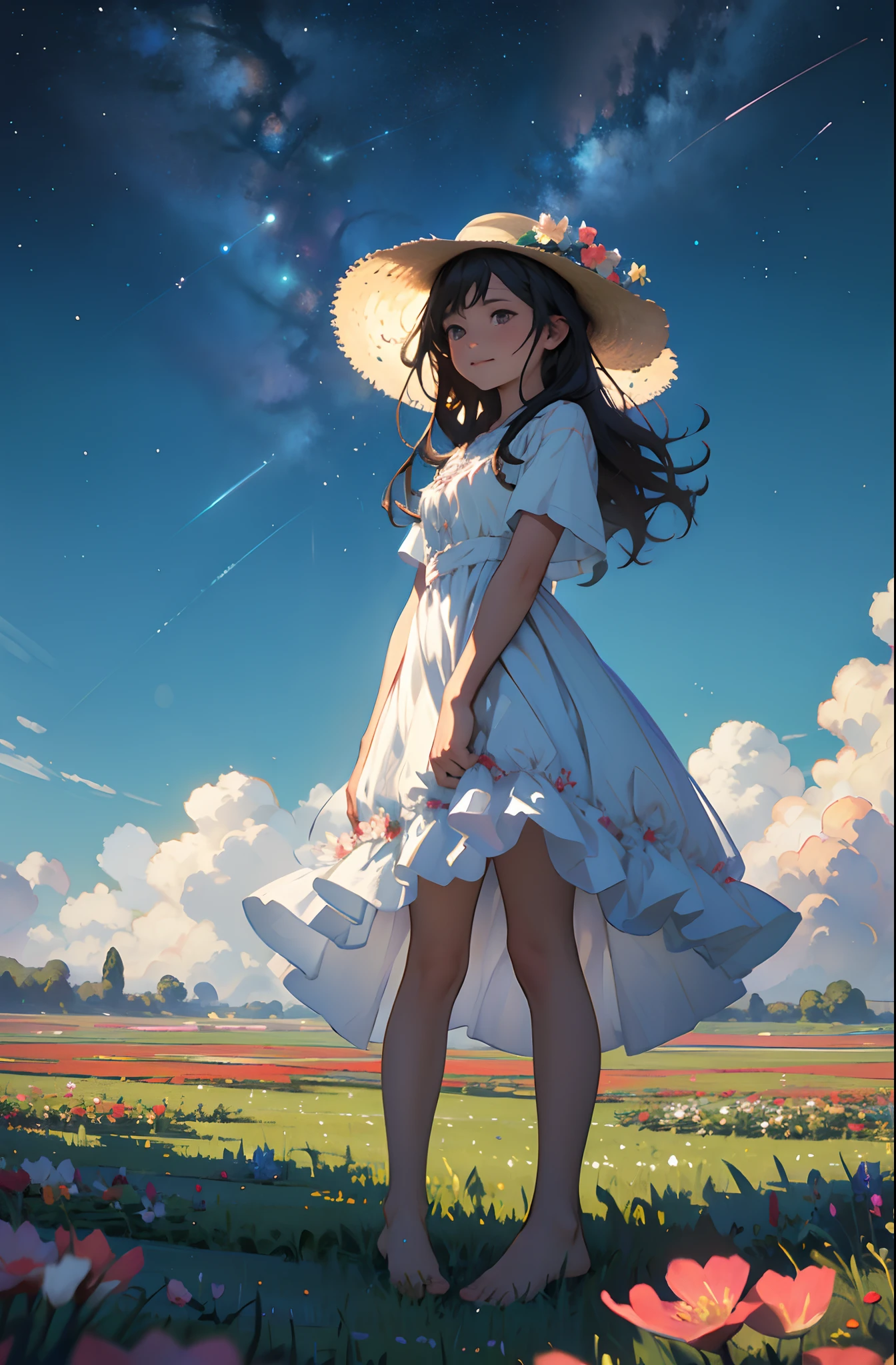 There is a girl standing in a flower field looking up at the sky, A girl standing in a flower field, A girl walks in a flower field, Get lost in a fantastic wonderland, standing in flower field, dreamlike digital painting, The sky is gradually clearing, The starry sky gradually receded,(Monet, Impresionismo, Oil painting), Barefoot,Barefoot,Have fun,01