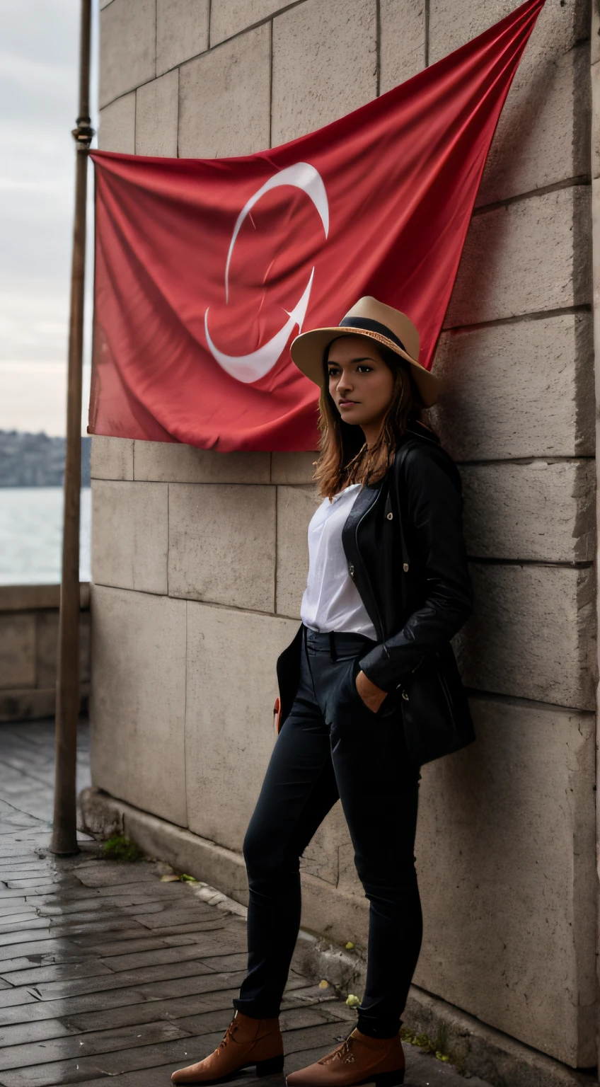 RAW-Foto in Sequenz, Photo of a 16-year-old,((Full body selfie)), Leicht verschwommene, Detailed backgrounds, natural lightting, HDR, Realistisches Foto, Professionelles Foto, Flirten mit dem Betrachter, Visuell sexy, fotorealistisch, Linda, natural skin, 8K UHD, Hochwertige, filmic grain, Fujifilm XT3. Woman standing in front of a big red flag in Istanbul, Die Flagge ist komplett rot. Die Flagge hat kein Muster. Die Frau steht in Istanbul. Man sieht den Bosporus.