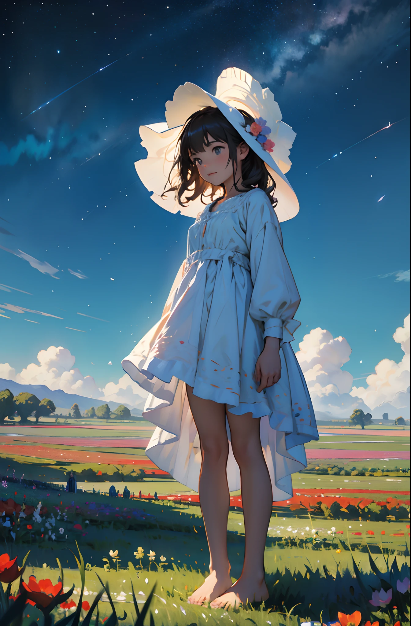 There is a girl standing in a flower field looking up at the sky, A girl standing in a flower field, A girl walks in a flower field, Get lost in a fantastic wonderland, standing in flower field, dreamlike digital painting, The sky is gradually clearing, The starry sky gradually receded,(Monet, Impresionismo, Oil painting), Barefoot,Barefoot,Have fun,01