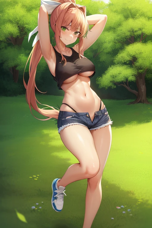 full body, full pose, 2d, masterpiece, best quality, anime, highly detailed, cowboy shot, 1girl, solo, monika, green eyes, very long hair, ponytail, ((black tank)), ((blue short jeans)), ((short black socks)), slim body, ((slim legs)), show thighs, ((underboob)) ((white ribbon)), ((squating)), spread legs, park and trees background, hands behind head, armpits, smile, blushing, serious face, sport shoes, looking at viever. viev from up.