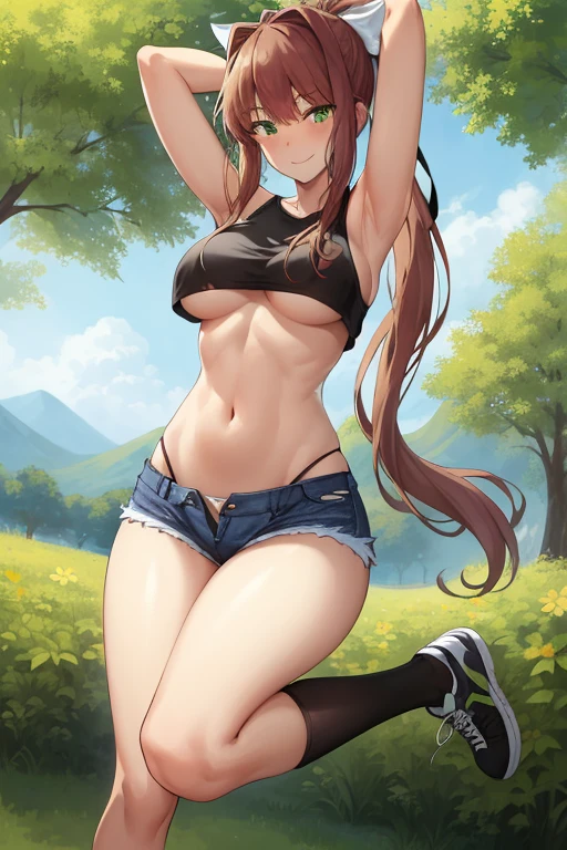 full body, full pose, 2d, masterpiece, best quality, anime, highly detailed, cowboy shot, 1girl, solo, monika, green eyes, very long hair, ponytail, ((black tank)), ((blue short jeans)), ((short black socks)), slim body, ((slim legs)), show thighs, ((underboob)) ((white ribbon)), ((squating)), spread legs, park and trees background, hands behind head, armpits, smile, blushing, serious face, sport shoes, looking at viever. viev from up.