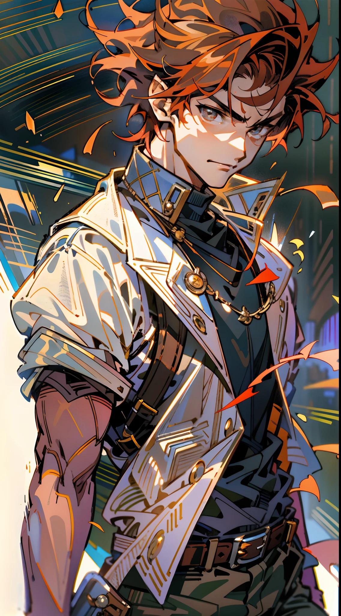 A teenage boy, short brown hair, spiked in the middle with a tuft of red hair, sharp gaze, a playful smile, a fantasy-style two-piece outfit, a dark-colored tight-fitting undershirt, a light-colored vest with wave patterns, a multifunctional belt, utility trousers, the surroundings depict swiftly flowing air, a high-speed blurred background, conveying a sense of speed, this character embodies a finely crafted fantasy-realistic style adventurer in anime style, characterized by an exquisite and mature manga illustration art style, high definition, best quality, highres, ultra-detailed, ultra-fine painting, extremely delicate, professional, anatomically correct, symmetrical face, extremely detailed eyes and face, high quality eyes, creativity, RAW photo, UHD, 8k, Natural light, cinematic lighting, masterpiece-anatomy-perfect, masterpiece:1.5