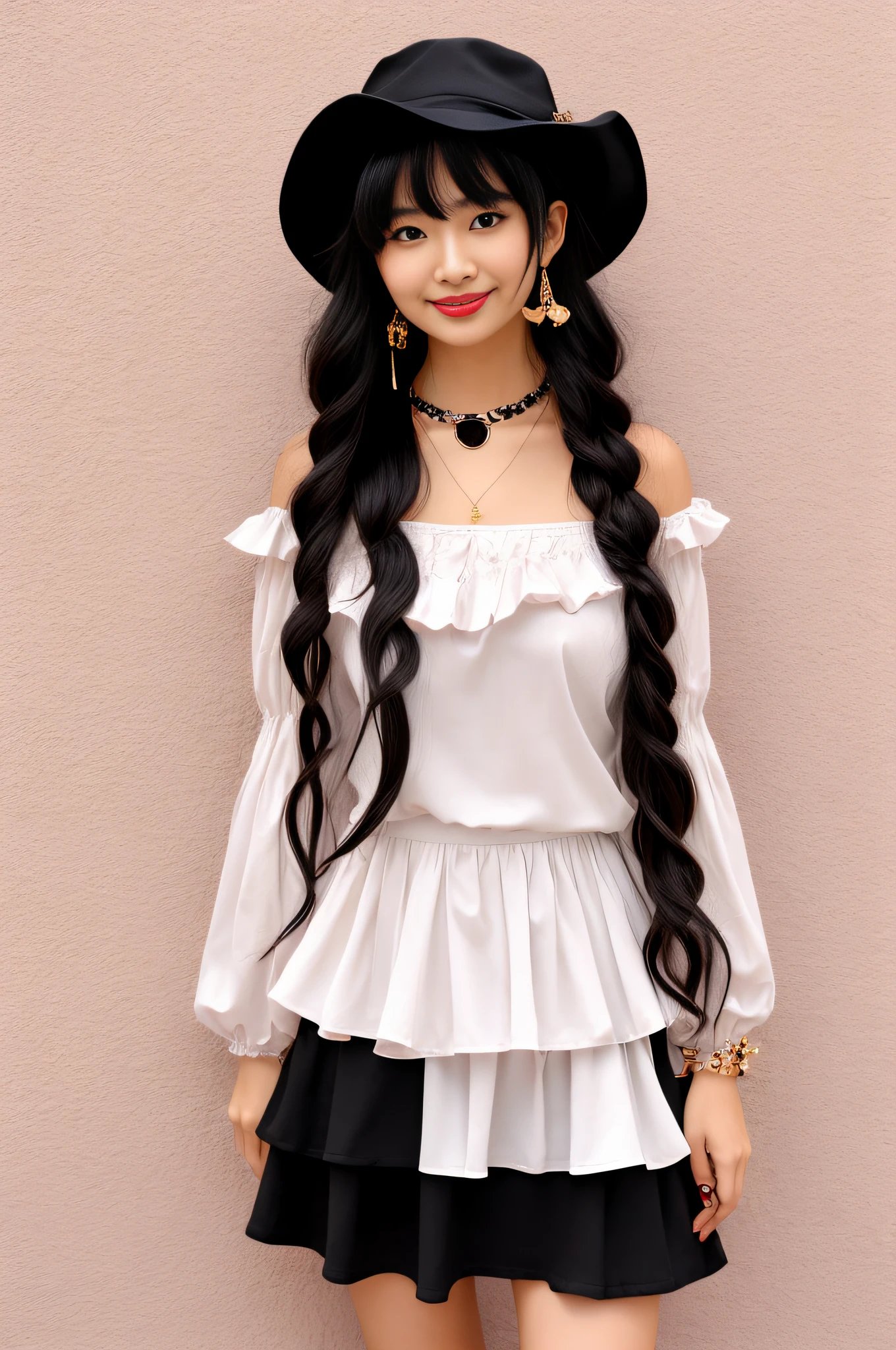 mayuzumi fuyuko, 1girl, solo, black hair, hat, jewelry, long hair, looking at viewer, bangs, earrings, skirt, white background, smile, shirt, simple background, heart earrings, long sleeves, heart, black headwear, black shirt, frilled choker, breasts, brown eyes, choker, blunt bangs, upper body, beret, medium breasts, brown skirt, frills, nail polish, ribbon, red nails, closed mouth, animal print, blush, frilled sleeves, leopard print, neck ribbon, own hands together