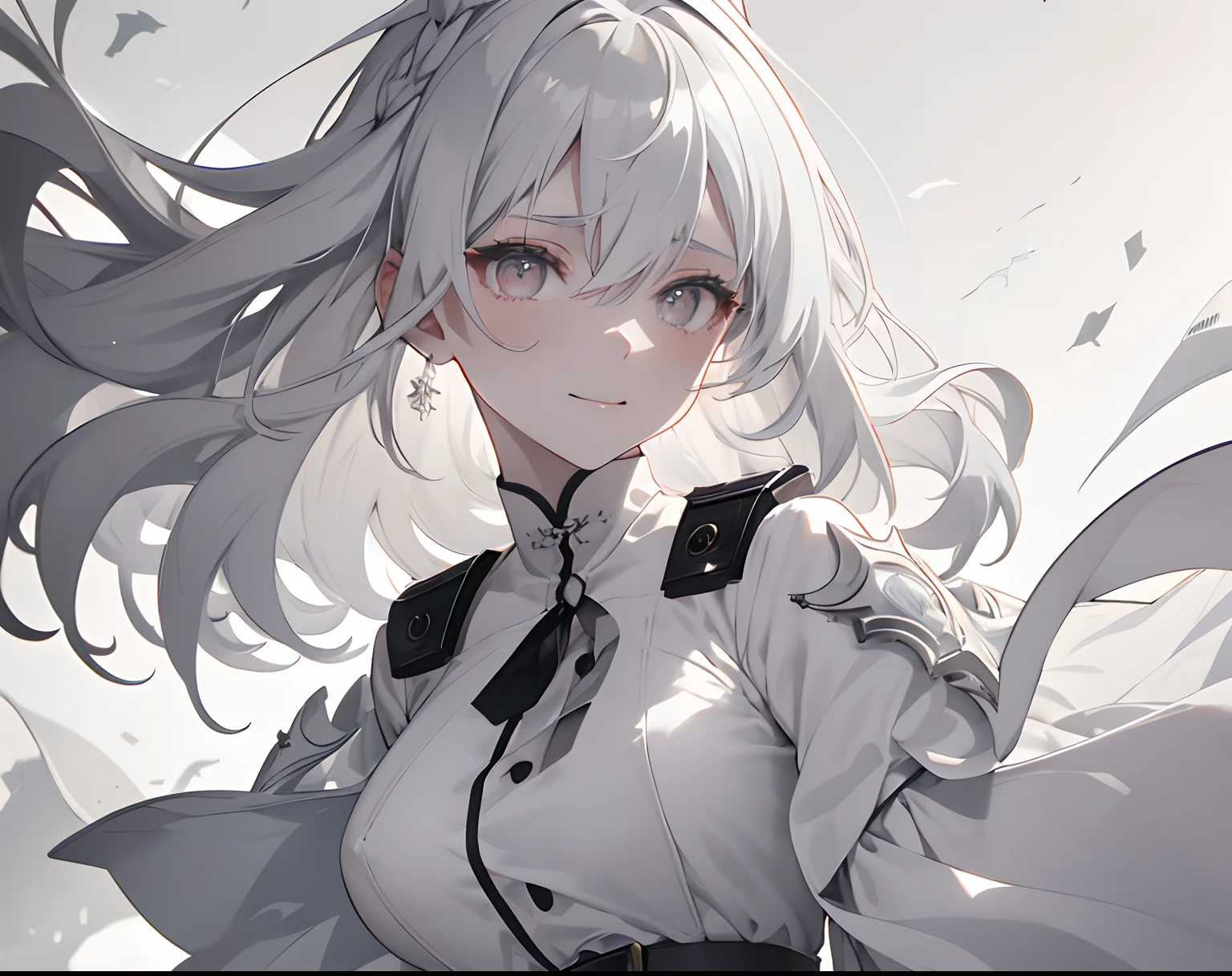 【Highest Quality, masutepiece】 [girl, Manteau, expressioness, Pale red eyes, front facing, Pale white hair, Upper body] (Gray white background:1.7), Full body、White one-piece military uniform、 Pale white head of hair,(masutepiece:1.2, Best Quality), (finely detailed beautiful eye: 1.2), (beautifull detailed face), High contrast, (Best Illumination, extremely delicate and beautiful), ((Cinematic Light)), Colorful, Hyper Detail, Dramatic light, Intricate details, Shining eyes, long hair flowing with the wind、large full breasts、Belt under the chest、White military uniform, White skirt, Medium hair fluttering in the wind, Pale white hair, Black tie, Belt under the chest, gotik、Less metal in clothes、A smile