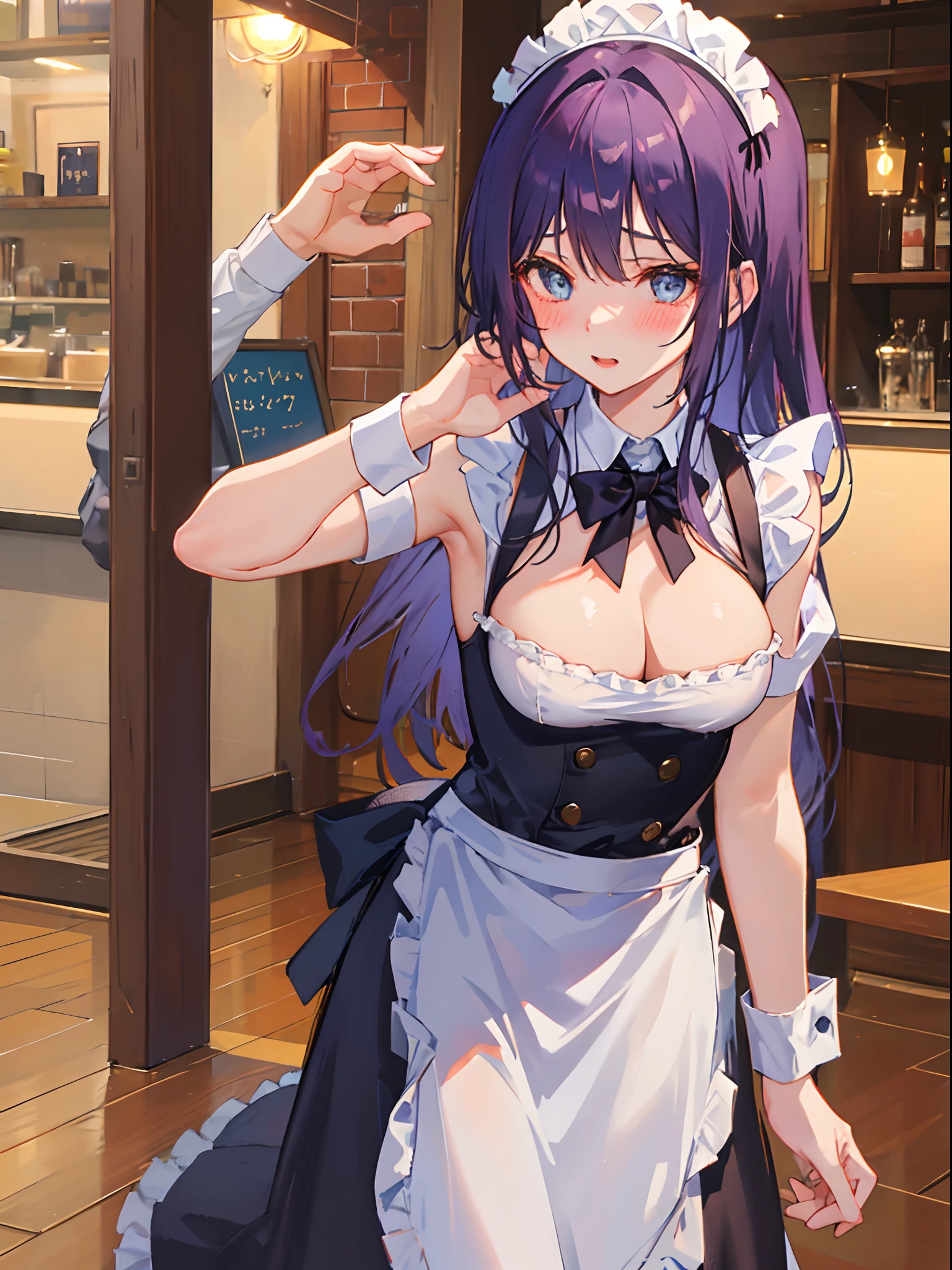 1 girl, beautiful girl, beautiful eyes, waitress, naked, wearing sexy maid apron only in the front, sexy breasts, shy, blush, hight quality
