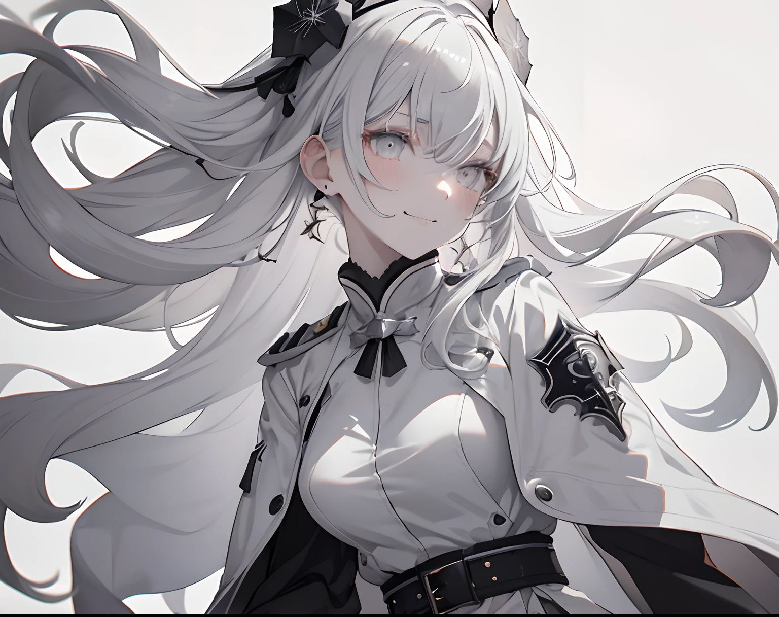 【Highest Quality, masutepiece】 [girl, Manteau, expressioness, Pale red eyes, front facing, Pale white hair, Upper body] (Gray white background:1.7), Full body、White one-piece military uniform、 Pale white head of hair,(masutepiece:1.2, Best Quality), (finely detailed beautiful eye: 1.2), (beautifull detailed face), High contrast, (Best Illumination, extremely delicate and beautiful), ((Cinematic Light)), Colorful, Hyper Detail, Dramatic light, Intricate details, Shining eyes, long hair flowing with the wind、large full breasts、Belt under the chest、White military uniform, White skirt, Medium hair fluttering in the wind, Pale white hair, Black tie, Belt under the chest, gotik、Less metal in clothes、A smile