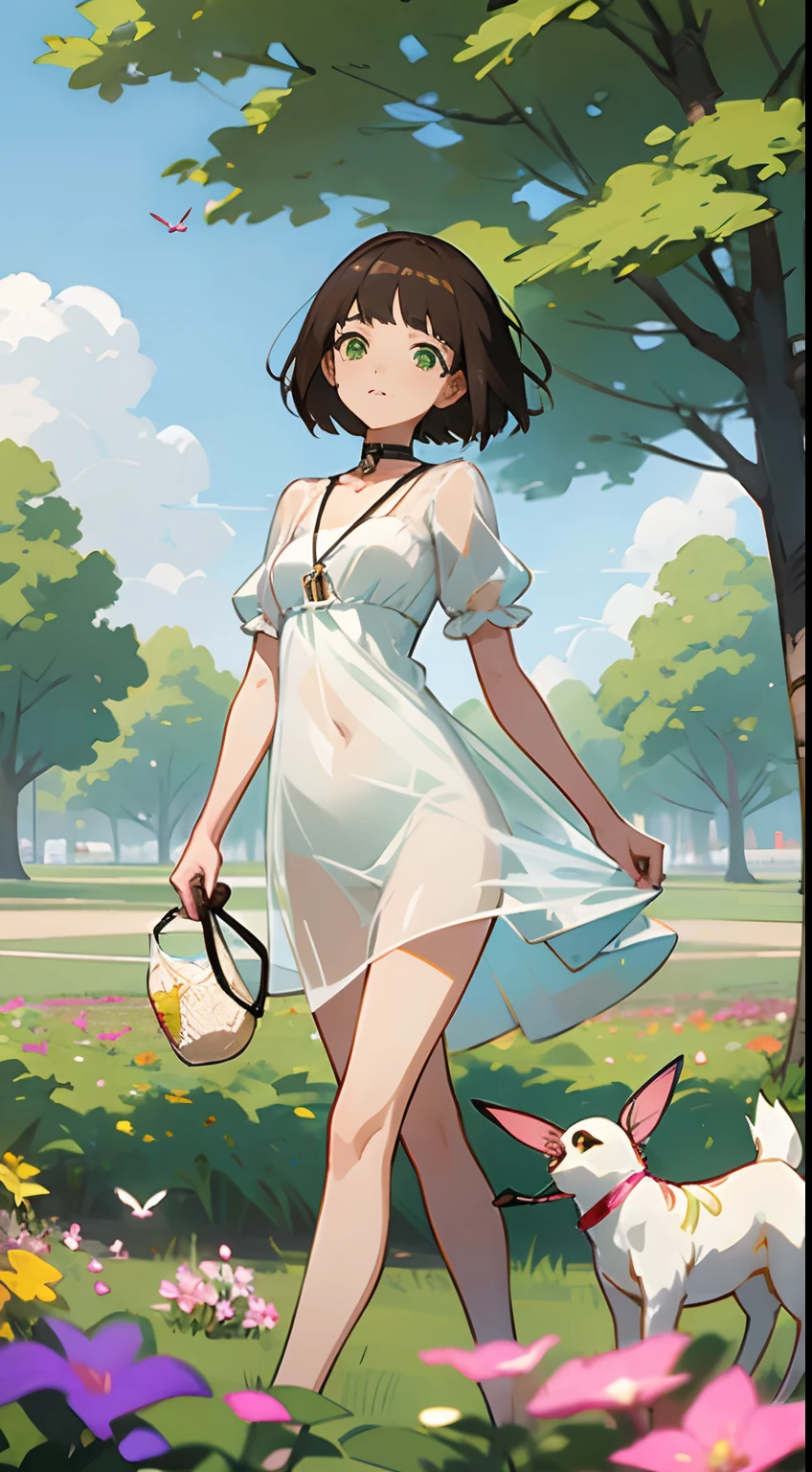 anime style
young brunette woman with short Chanel hair, green eyes, in a very transparent white transparent mini dress walking frontal in the park with her dog on a leash,
a wind lifts the dress showing her hairy pubic
she is ashamed,
on the right side we see a hummingbird in the flowers, add some yellow butterflies flying