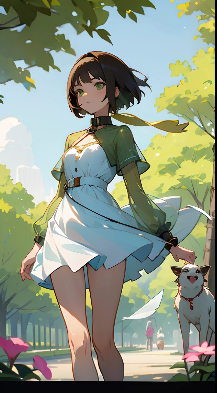anime style
young brunette woman with short Chanel hair, green eyes, in a very transparent white transparent mini dress walking frontal in the park with her dog on a leash,
a wind lifts the dress showing her hairy pubic
she is ashamed,
on the right side we see a hummingbird in the flowers, add some yellow butterflies flying