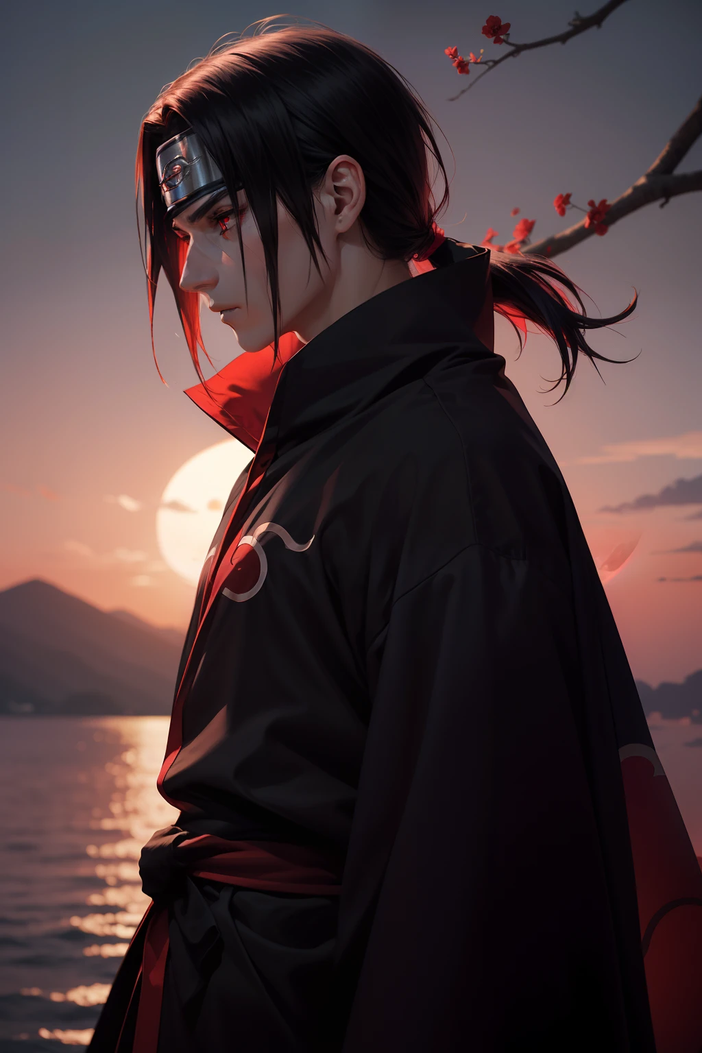 Masterpiece, high detailed, a young man covered in black cape with red cloud drawing or akatsuki robe from naruto, itachi uchiha, red eyes, upper body, shinobi, Konoha headband, red moon in the background, red theme, from naruto, long hair, covered in red flame