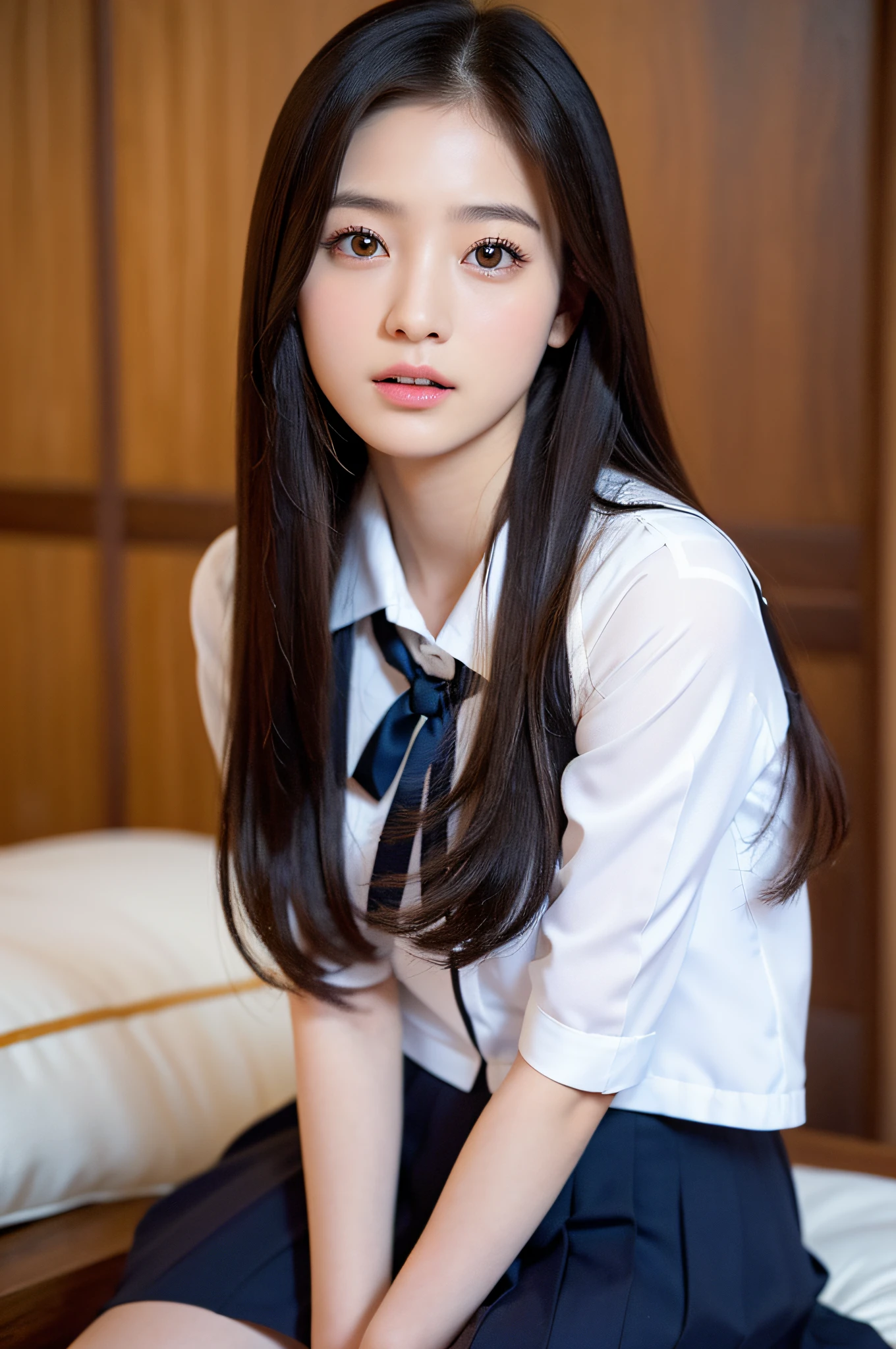ulzzang -6500-v1.1, (Raw foto:1.2), (Photorealsitic:1.4), a beautiful detailed girl, japanes、real looking skin、2 legs、2 arms、extremely detailed eye and face, beatiful detailed eyes, Panchira、pantiy、full body Esbian、Underpants、Show Pants、Sit up、burden、Ridiculous, unbelievable Ridiculous, huge filesize, ultra-detailliert, hight resolution, ighly detailed, top-quality, masterpiece, Kemomimi, ((Japanese girls' high school uniform)), illustratio, ighly detailed, nffsw, unification, 8k wallpaper, magnifica, finely detail, masterpiece, top-quality, Highly detailed ticker uniform 8K wallpaper, Light on the Face、电影灯光、a 18 year old girl、Raw feet、