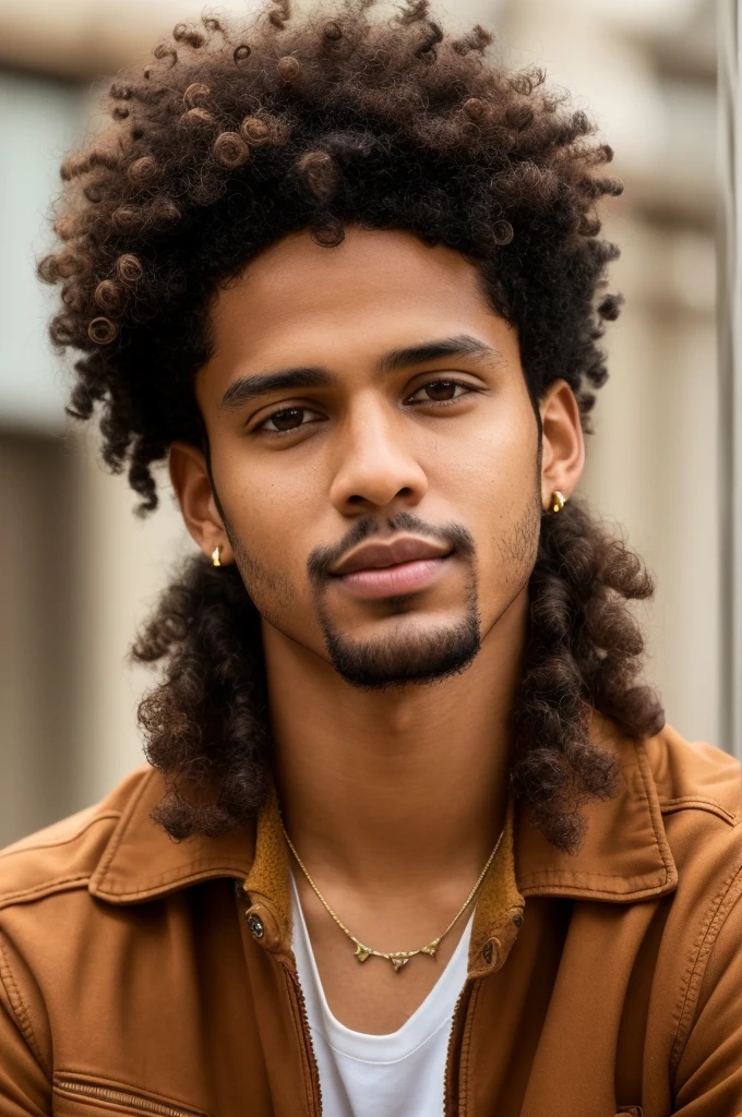 a close up of a person wearing a brown jacket and a necklace, he has short curly brown hair, with afro, taken in the early 2020s, jayison devadas, promotional picture, promotional image, he is wearing a brown sweater, official photo, brown skin man egyptian prince, with brown skin, jamie reid, ayan nag, nag