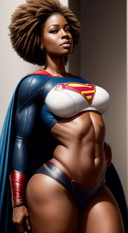 (Obra-prima Black woman beautiful , superheroine), (Ebony Pelé), (BBW, 45 Anos de idade), quadris enorme, cintura fina, (seios grandes: 1,9), (clivagem profunda), tiro da cintura, (cabelos longos e lisos), (Supergirl constume sexy) , coxas grossas, pernas grossas, sensual, hot, is hurting, (Sagging Tits: 1,9) , decotes enormes. (From the side)), It's in a white room, natural lightting. Encostada em uma mesa com as pernas abertas