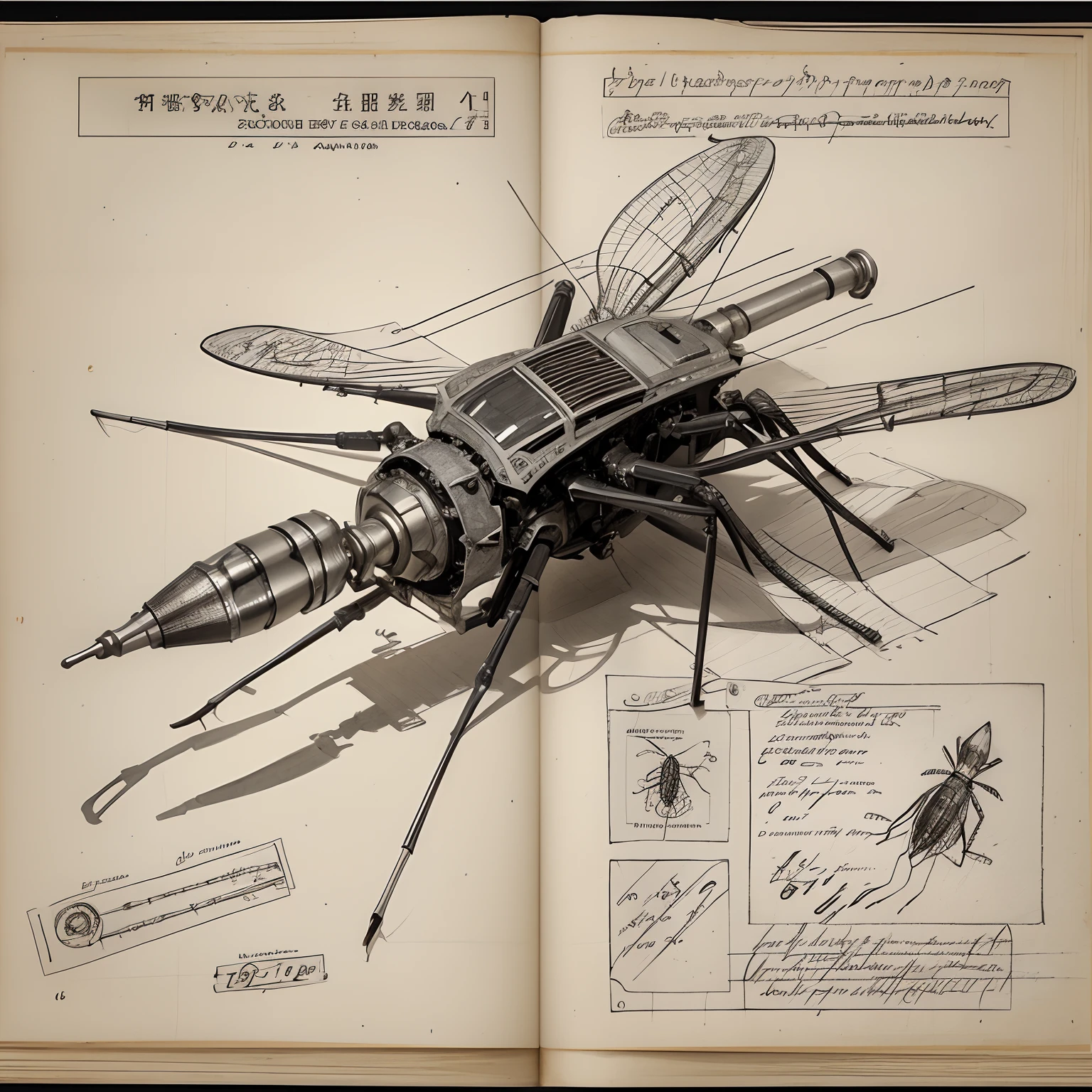 Sketch of a robot mosquito drawn on paper,old parchment,a pencil sketch,Stereoscopic light and shadow,Line identification,Exhaustive symbols,Mathematical formulas for annotations
(Detailed description and description, text, Exhaustive production drawings), documentation, Design process, High-tech,Rich and delicate brushstrokes,