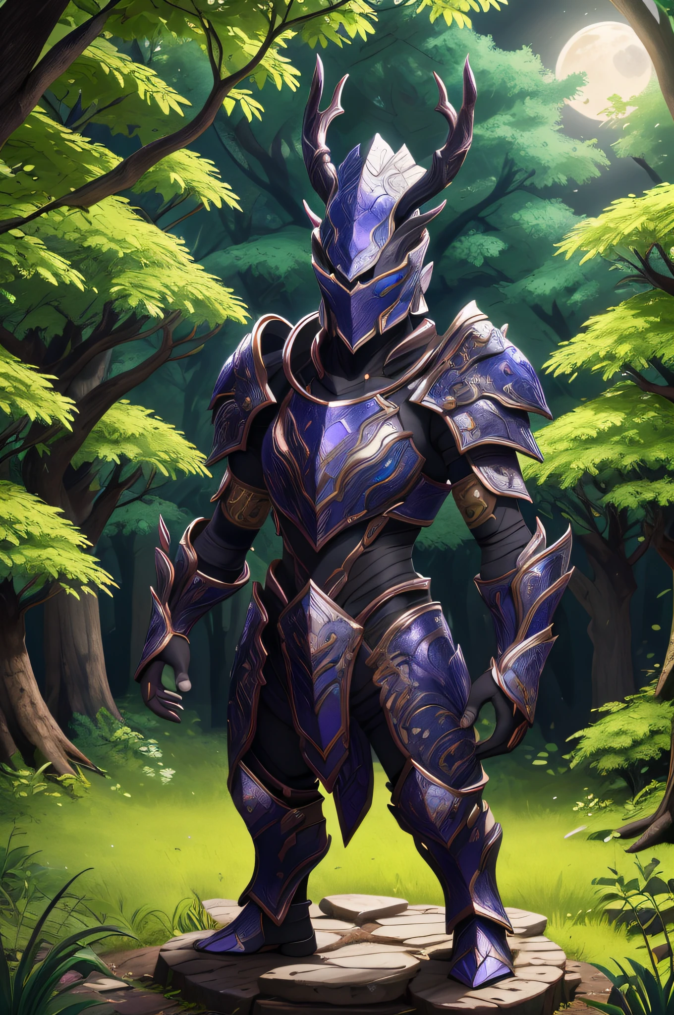 [1] Dark warrior in obsidian armor, entire body visible, piercing lavender gaze towards the viewer, menacing yet alluring; [2] The armor adorned with ancient runes glowing faintly, reflecting the moonlight; [3] Enchanted forest under a silver moon, mystical glows from unseen sources, thick foliage creating an eerie atmosphere; [4] A mysterious ambiance, a blend of danger and enchantment, an otherworldly presence; [5] Illustration; [6] Digital art, emphasizing intricate details, luminosity, and ethereal effects,