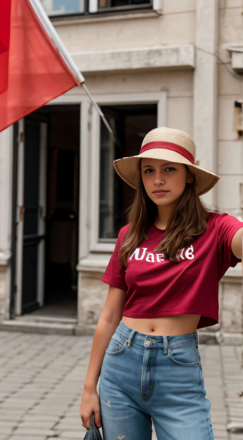 RAW-Foto in Sequenz, Photo of a 16-year-old,((Full body selfie)), Leicht verschwommene, Detailed backgrounds, natural lightting, HDR, Realistisches Foto, Professionelles Foto, Flirten mit dem Betrachter, Visuell sexy, fotorealistisch, Linda, natural skin, 8K UHD, Hochwertige, filmic grain, Fujifilm XT3. Woman standing in front of a big red flag in Istanbul, Die Flagge ist komplett rot. Die Flagge hat kein Muster. Die Frau steht in Istanbul. Man sieht den Bosporus. She wears no hat. Sie hat keine Kopfbedeckung. Die Frau hat keinen Hut.