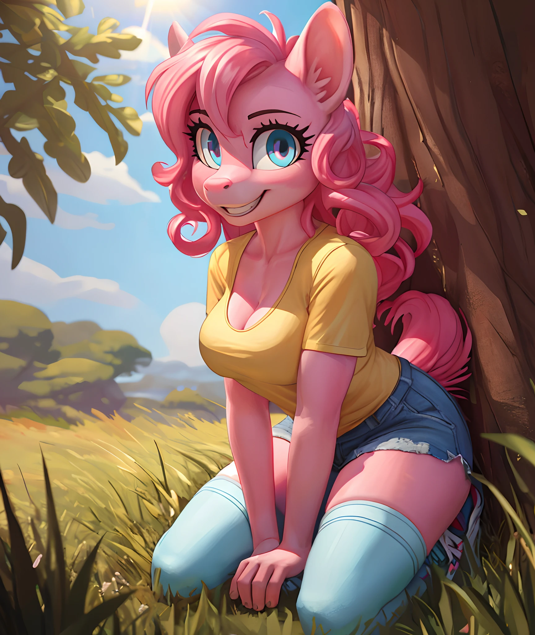 [pinky pie], [Uploaded to e621.net; (siden), (Pixelsketcher), (mayosplash), (wamudraws)], ((masterpiece)), ((HD)), ((high quality)), ((solo portrait)), ((full body)), ((furry; anthro)), ((detailed fur)), ((detailed shading)), ((beautiful render art)), ((intricate details)), {anthro horse; (slim female figure), (pink fur), (cute cyan eyes), (half-closed eyes), (long eyelashes), horse snout, (curly hot-pink hair), (curly hot-pink tail), (medium boobs), (gorgeous hips), (beautiful legs), (beautiful socks on feet), (sweating), (sweat on forehead), (blushing), (clenching teeth), (drool on mouth)}, {(white lace bra), (cleavage), (denim short shorts), (unzipped shorts), (white-stripes on light-blue thigh-highs)}, {(sitting under tree), (legs spread open), (hand over crotch), (covering crotch), (looking down)}, [background; (grass plains), (under tree), (yellow shirt on ground), (clouds), (blue sky), (sun rays)]