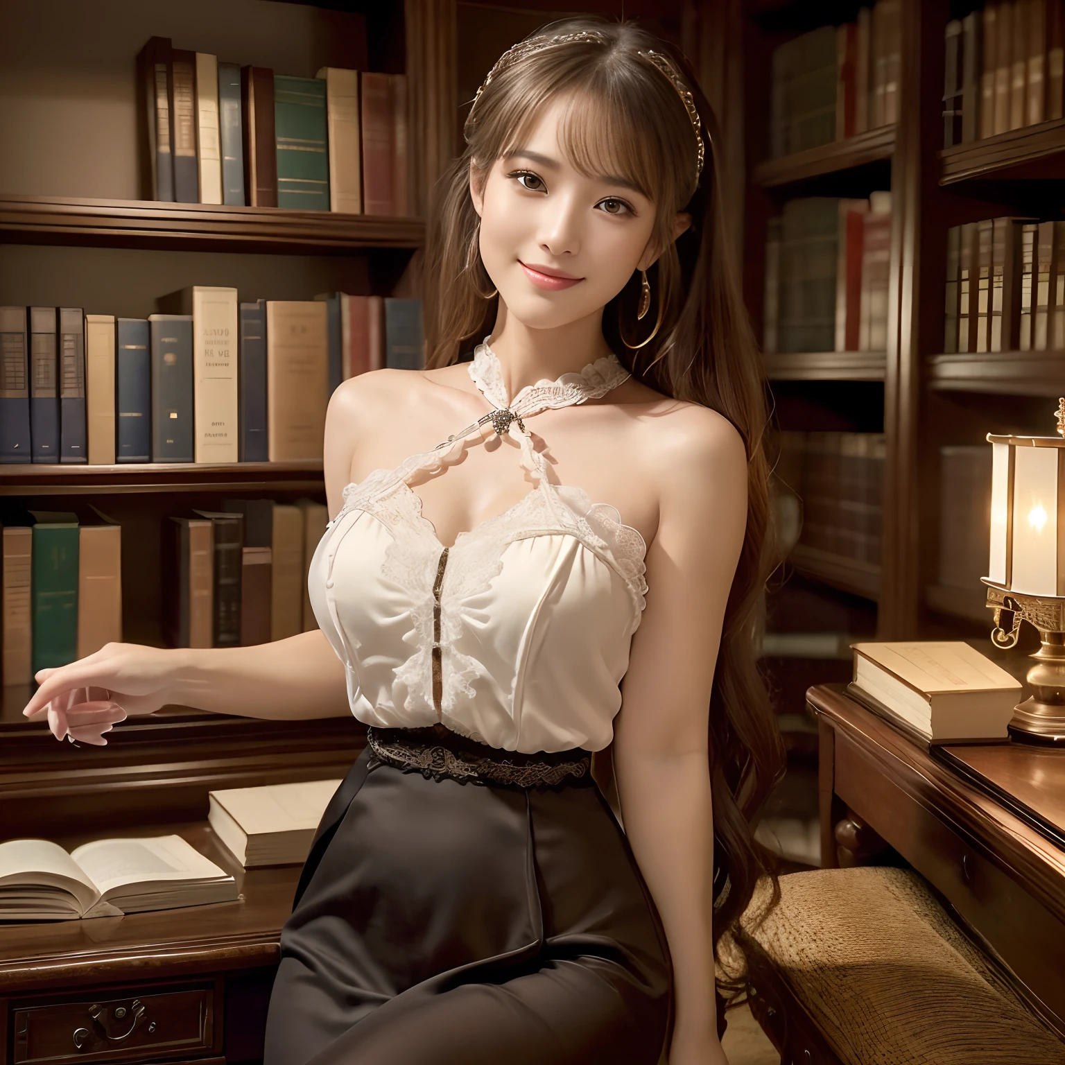 (((Best Quality, masutepiece, 超A high resolution、The most complex and detailed depictions、Chiaroscuro, awardwinning, 8K)))、 (1 girl in)、Smile at the camera, gently smiling、Highly detailed hairstyles,Formal white blouse、tight skirts、 Take photos from the waist up、Warm color lighting、spectacular movie lighting、Portrait Style, Traditional Libraries, antique interior, Wall-to-wall bookshelves, a desk, Cinematic Light, Gothic Library、 Majestic library、Formal atmosphere, Cinematic, Detailed fingers、 Anisotropy Filtering, depth of fields, Maximum clarity and sharpness、Tastefully knotted hair