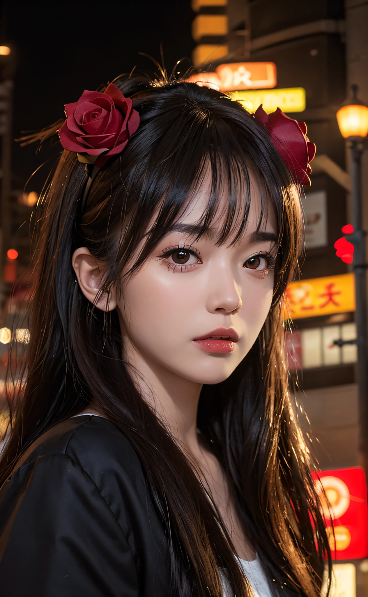 1girl, Tokyo street,night, cityscape,city lights, upper body,close-up, 8k, RAW photo, best quality, masterpiece,realistic, photo-realistic,headgear of red rose, parted bangs, long hair,