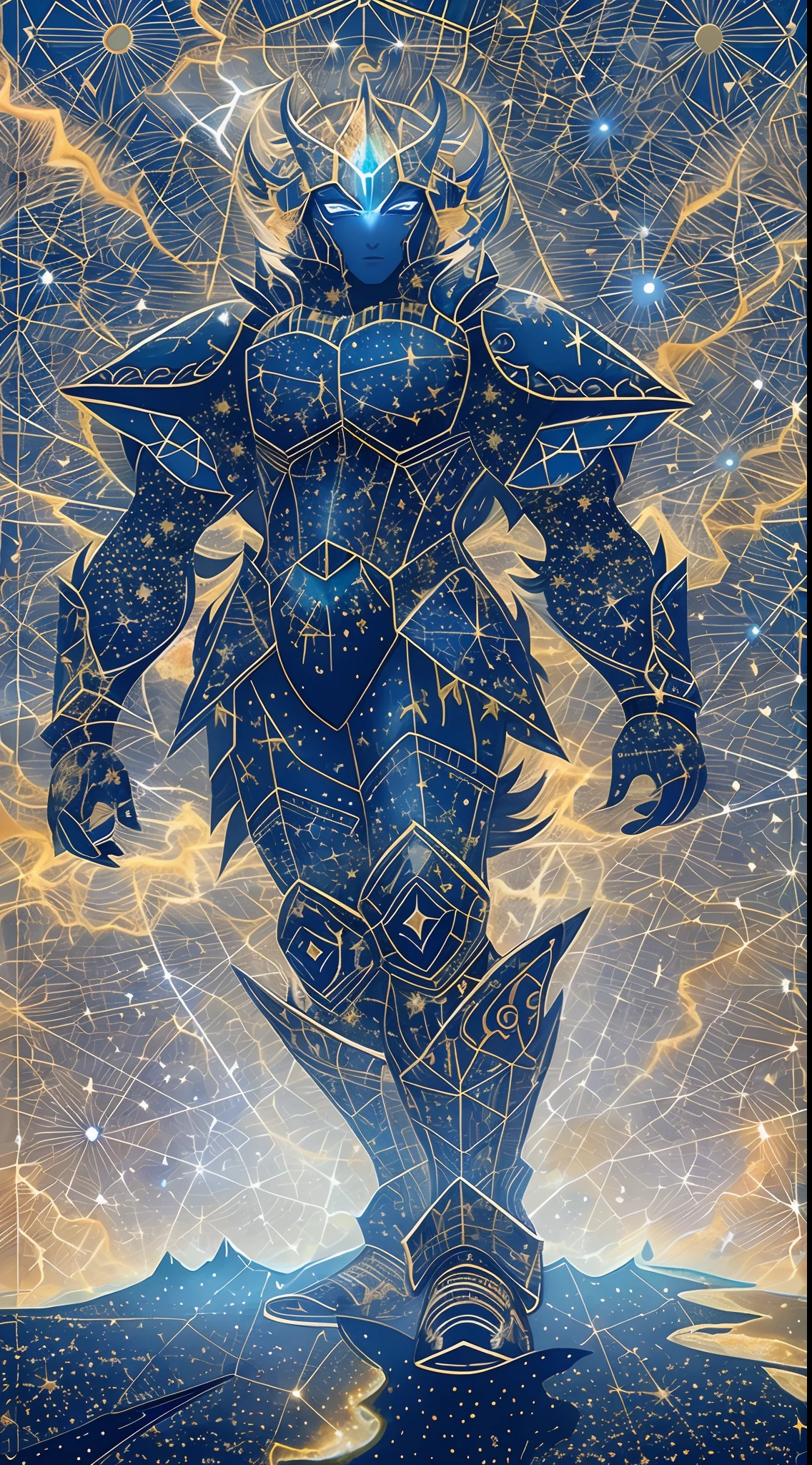 [1] A solitary warrior in midnight-blue armor, full-body pose, facing a cosmic abyss, eyes reflecting distant galaxies; [2] Armor embedded with constellations, emitting a soft astral glow; [3] Celestial battleground floating in space, cosmic storms and stellar explosions; [4] A surreal atmosphere of cosmic warfare, a sense of solitude amidst the vastness of the universe; [5] Illustration; [6] Digital art with emphasis on cosmic details and luminosity,