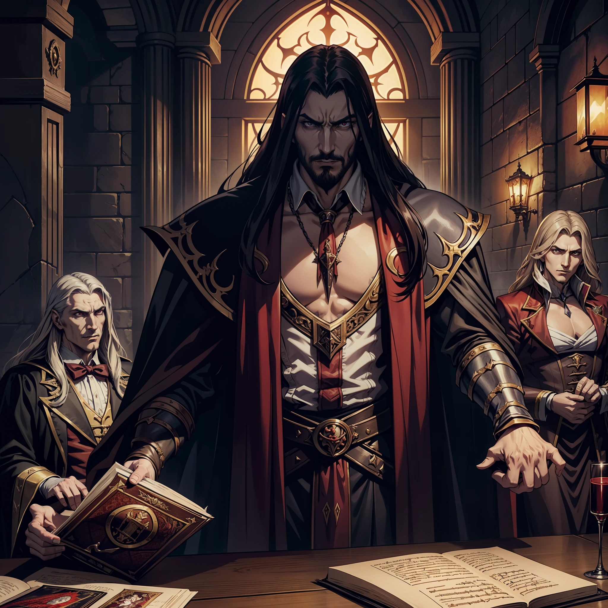 Castlevania Hyper Realistic Lord of Shadows Super Detailed Moroccan Arabic Lord Dracula Muscle Hokuto no Ken , fearless, Scary handsome man leading an army of jinns 10 jinns around him War Battle Atmosphere