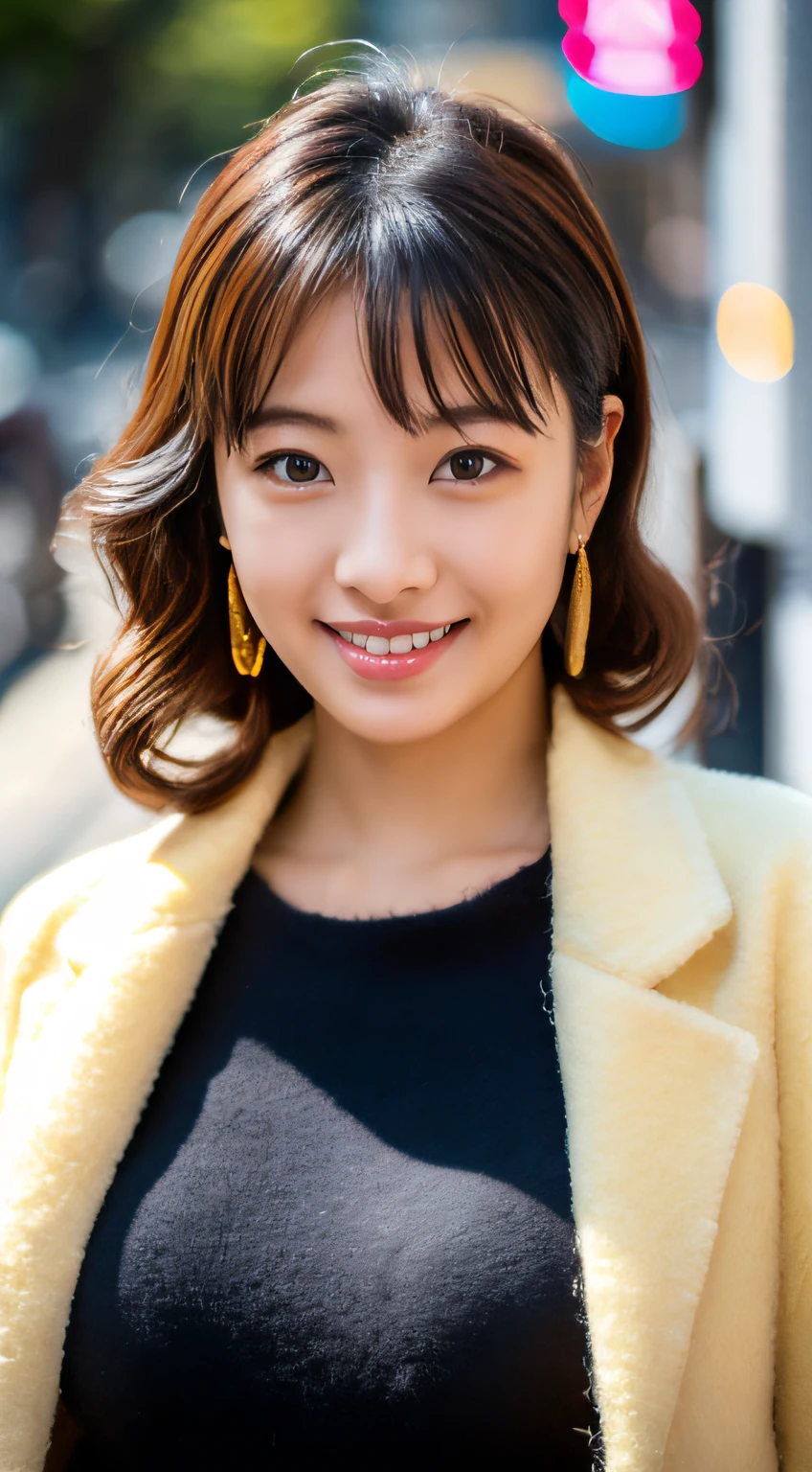 huge tit、masutepiece, Best Quality, Photorealistic, Ultra-detailed, finedetail, High resolution, 8K Wallpaper, 1 beautiful woman, Asian Beauty, earrings, Wool Felt Wrench Coat, light brown wavy curls,, Perfect dynamic composition, Beautiful detailed eyes, Smile, On the streets of Shibuya,