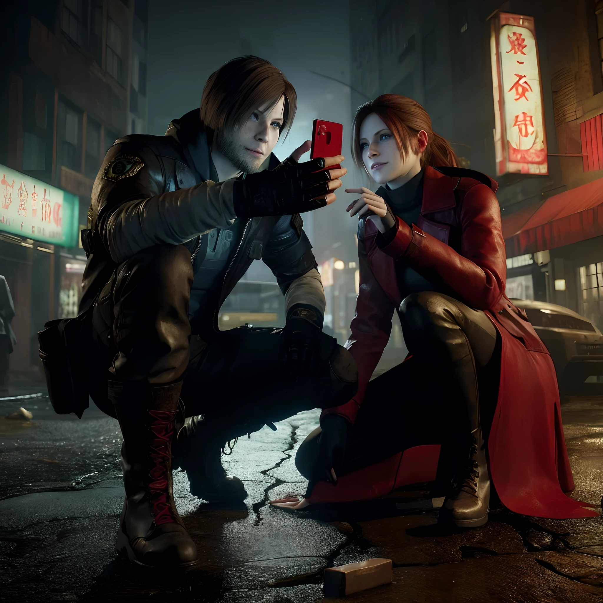 Leon kennedy with ada wong, perfect face, woman, short bang hair, wearing blue suit and red mini dress With collar, smile, hug, happy expression
