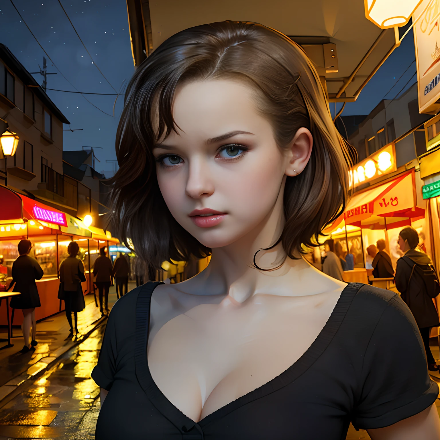 masterpiece, best quality, miranda, (halfbody shot,street lamps,moon),Masterpiece, 1girl, solo exhibition, beautiful woman on the bustling street, surrounded by hawkers, beautiful goddess girl portrait, beautiful and detailed face, porcelain skin, (((bust shot, center, night, black hair, short hair)), super soft lighting, symmetry, complexity, elegance, high detail, realism, art, concept art,