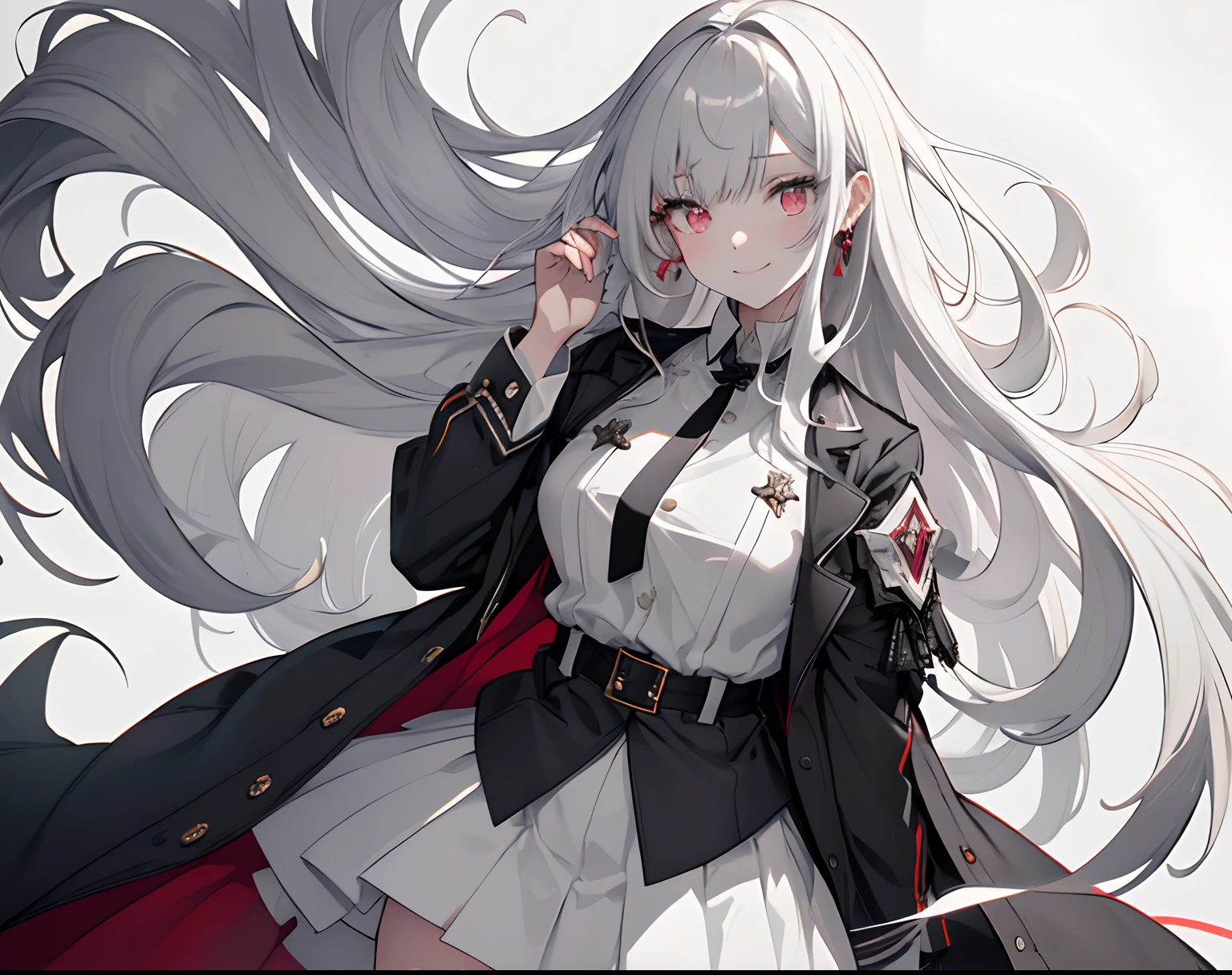 【Highest Quality, masutepiece】 [girl, Manteau, expressioness, Very red eyes, front facing, Medium hair, Upper body] (Gray white background:1.7), Full body、White one-piece military uniform、 Pale white head of hair,(masutepiece:1.2, Best Quality), (finely detailed beautiful eye: 1.2), (beautifull detailed face), High contrast, (Best Illumination, extremely delicate and beautiful), ((Cinematic Light)), Colorful, Hyper Detail, Dramatic light, Intricate details, Shining eyes, Medium hair fluttering in the wind、large full breasts、Belt under the chest、White military uniform, White skirt, pale gray hair, Black tie, Belt under the chest, gotik、Less metal in clothes、A smile