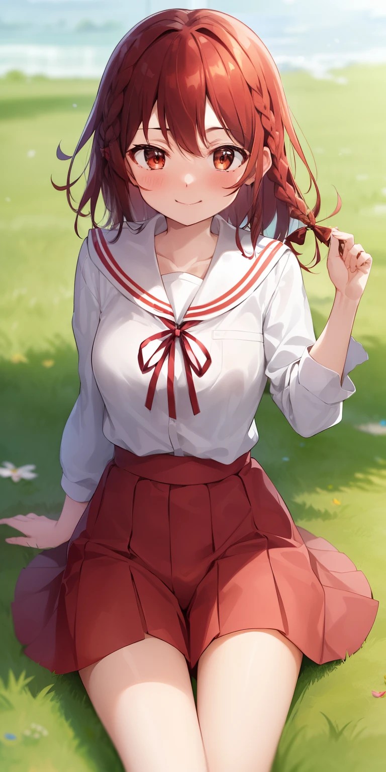 2d, masterpiece, best quality, anime, highly detailed, 1girl, solo, cowboy shot, sumi, single braid, side braid, hair bow, white bow, white shirt, long sleeves, sailor collar, red ribbon, red skirt, pleated skirt, embarrassed, blush, smile, outdoors, skirt lift, panties, sexy, revealed, nsfw