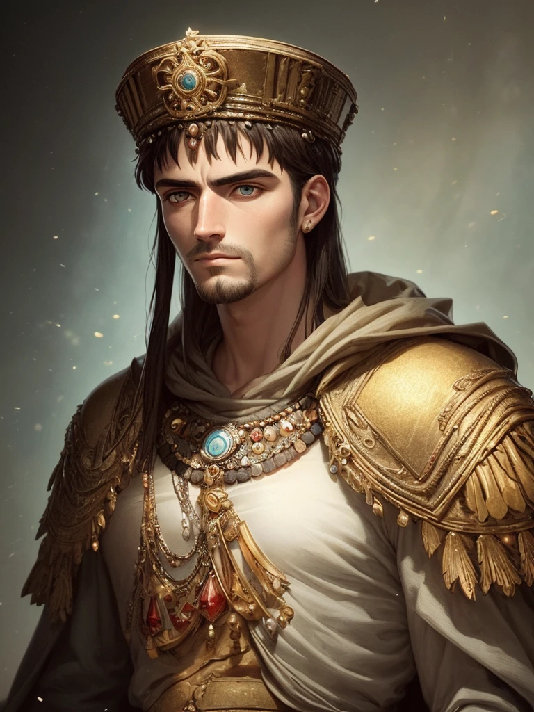 (best quality,masterpiece:1.2),ultra-detailed,(realistic,photorealistic,photo-realistic:1.37),roman emperor Constantine the Great at the age of 34,strong and sturdy physique, lion-like eyes, a combination of calmness and sternness, deep shadows, gentle green right eye, intense red left eye, atmosphere of both friendliness and awe, radiant sunlight, the compelling charm of Pluto, concept art, digital art, super realistic illustration, mesmerizing, top-notch.