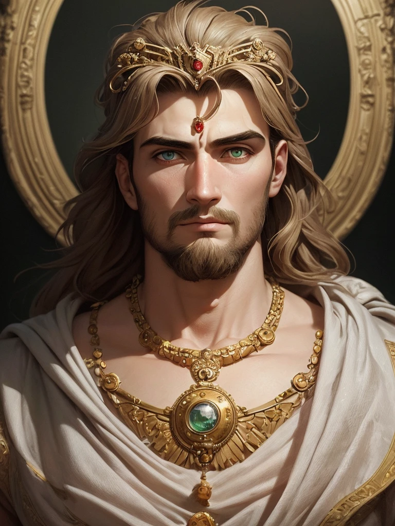 (best quality,masterpiece:1.2),ultra-detailed,(realistic,photorealistic,photo-realistic:1.37),roman emperor Constantine the Great at the age of 34,strong and sturdy physique, lion-like eyes, a combination of calmness and sternness, deep shadows, gentle green right eye, intense red left eye, atmosphere of both friendliness and awe, radiant sunlight, the compelling charm of Pluto, concept art, digital art, super realistic illustration, mesmerizing, top-notch.
