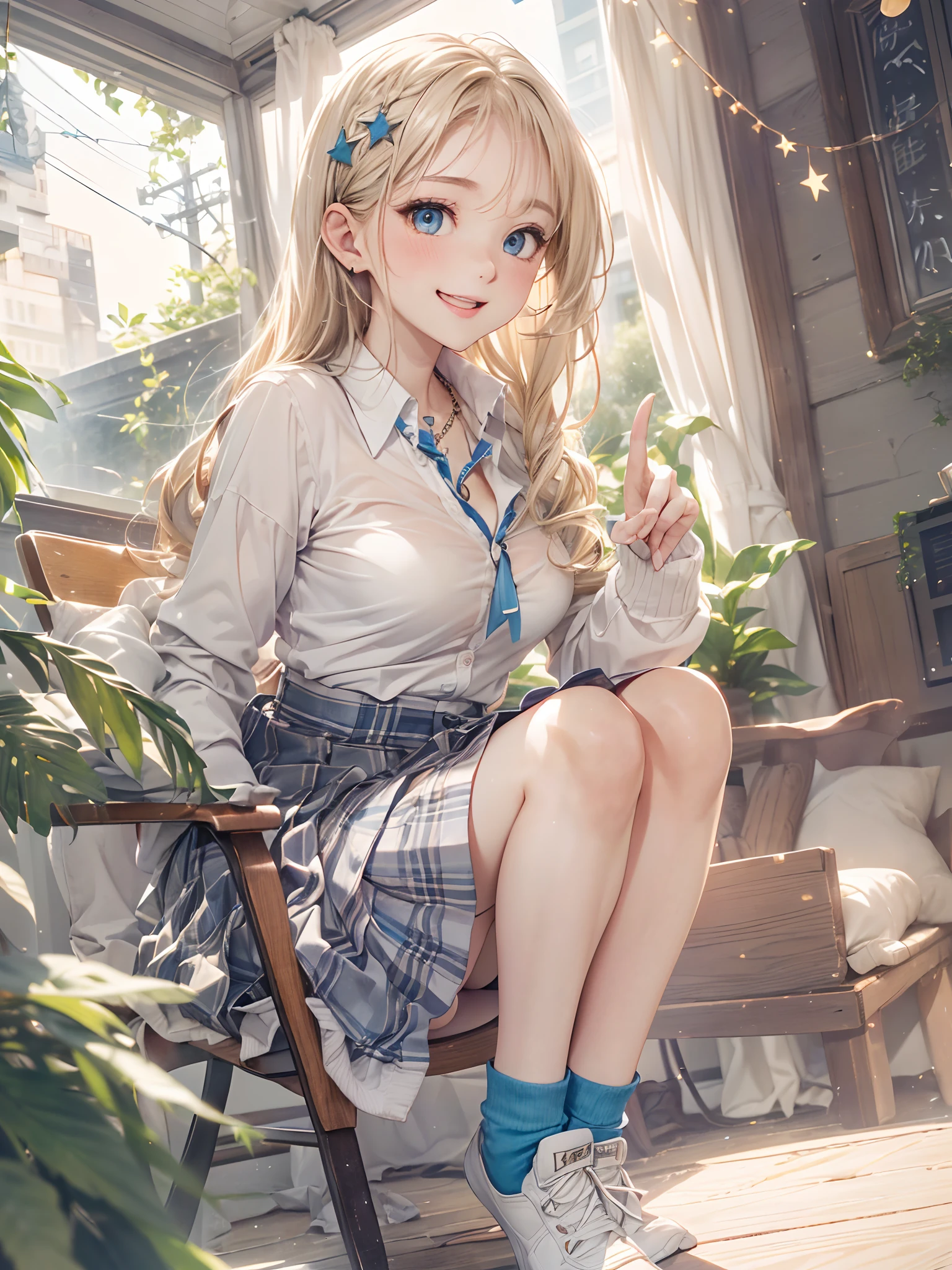 absurderes, ultra-detailliert,bright colour,(in 8K:1.3),masuter piece,extremely beautiful detailed face and eyes, 25 years old,(School Uniforms:1.2), (gals:1.2), (White shirt:1.3), (Wrap a beige cardigan around your waist:1.3), ((cleavage, Unbuttoned):1.2), (Plaid pleated skirt:1.2), (Necklace,Colorful bracelets,(Loose socks:1.4),Double peace,X-Hair,Aurora、city light、constellation、Crescent,intergalactic,lamp post, Particles of light, long-sleeve, milkyway, natta, nigh sky, outside of house, planetes, Power lines, shooting stars, Skysky, Skyscraper, 独奏、Stargazing,Star_\(skyporn\)、starrysky、Winters、(Smooth straight blonde hair:1.3), (Shiny hair:1.2), Delicate beautiful face, red blush、Deep Blue Eyes, (Happy smiling face:1.2),Small necklace,(Sit on a chair and cross your legs),Full body