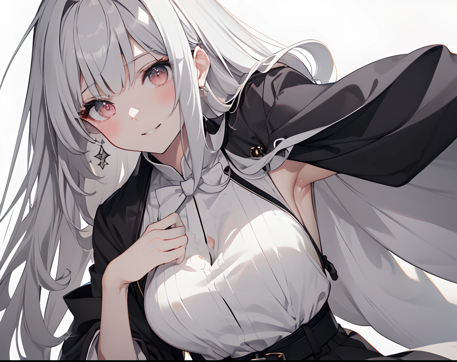 white hair woman, heterochromia, blushing, smiling, black an white dress, looking at viewer, high res, ultrasharp, 8K, masterpiece