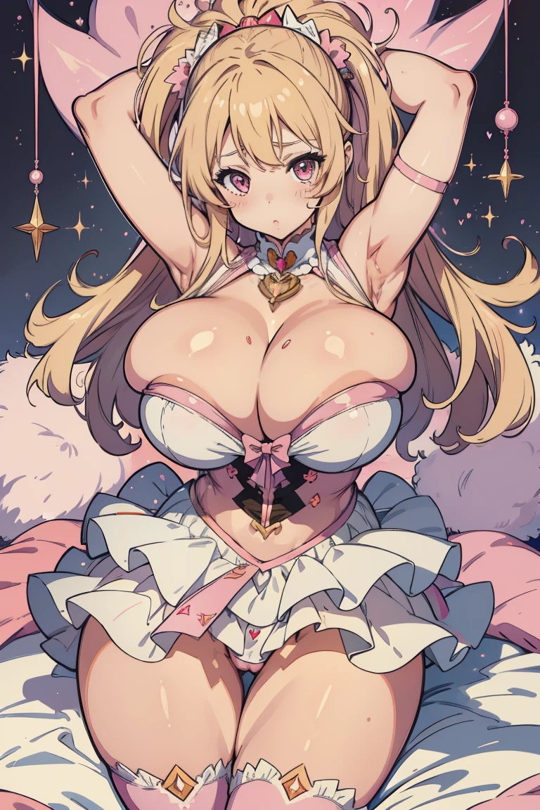 (masterpiece, best quality, best shading:1) 1girl, slutty gyaru in a magical girl outfit, brilliant pink eyes, big fluffy long blonde hair, mahou shoujo, skindentation, venus body, thick thighs, huge tits, bursting breasts, cleavage