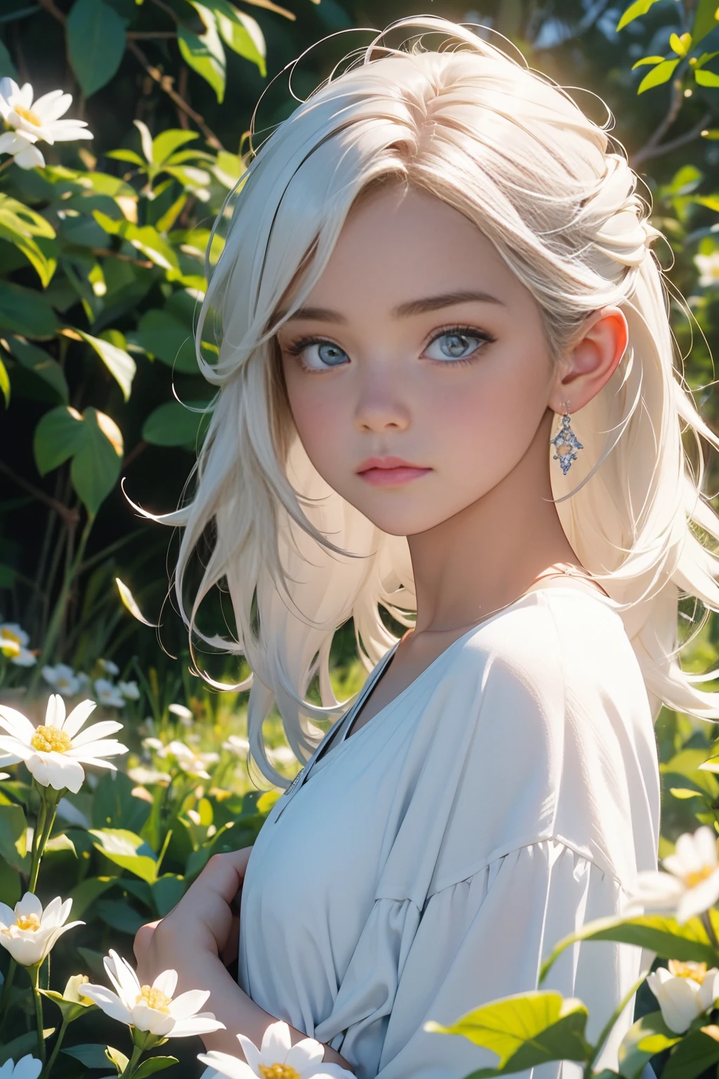 1girl,en un campo de flores,Flor Blanca,Mirando al espectador,ojos azules,cabello rubio,margarita,Cabello largo,vestido blanco puro,