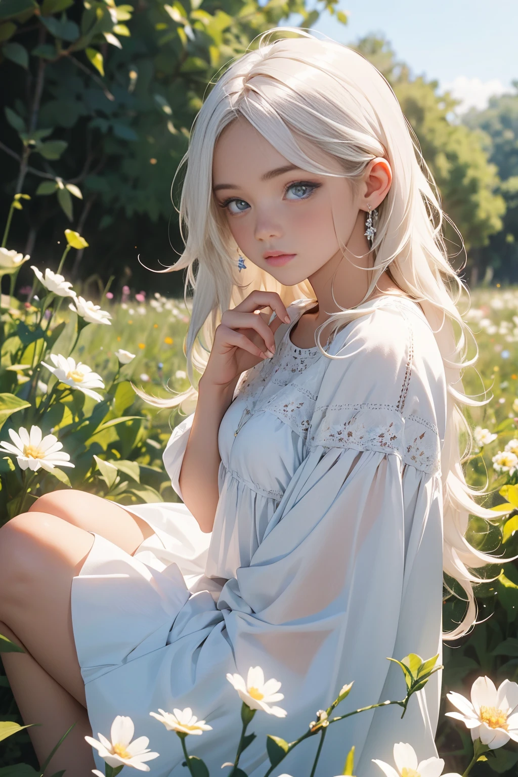 1girl,en un campo de flores,Flor Blanca,Mirando al espectador,ojos azules,cabello rubio,margarita,Cabello largo,vestido blanco puro,