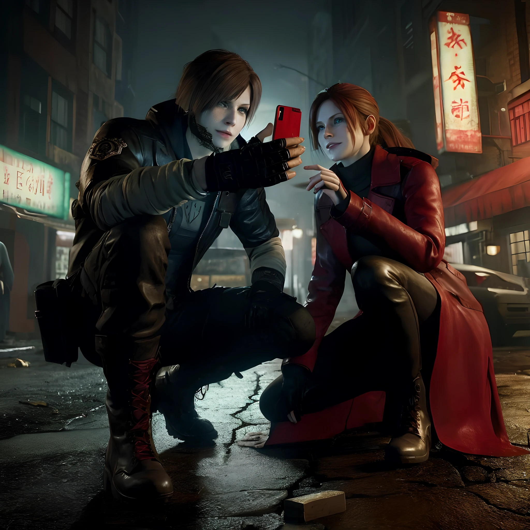 Leon kennedy with ada wong, perfect face, woman, short bang hair, wearing blue suit and red tanktop dress With collar, smile, happy expression, hugging