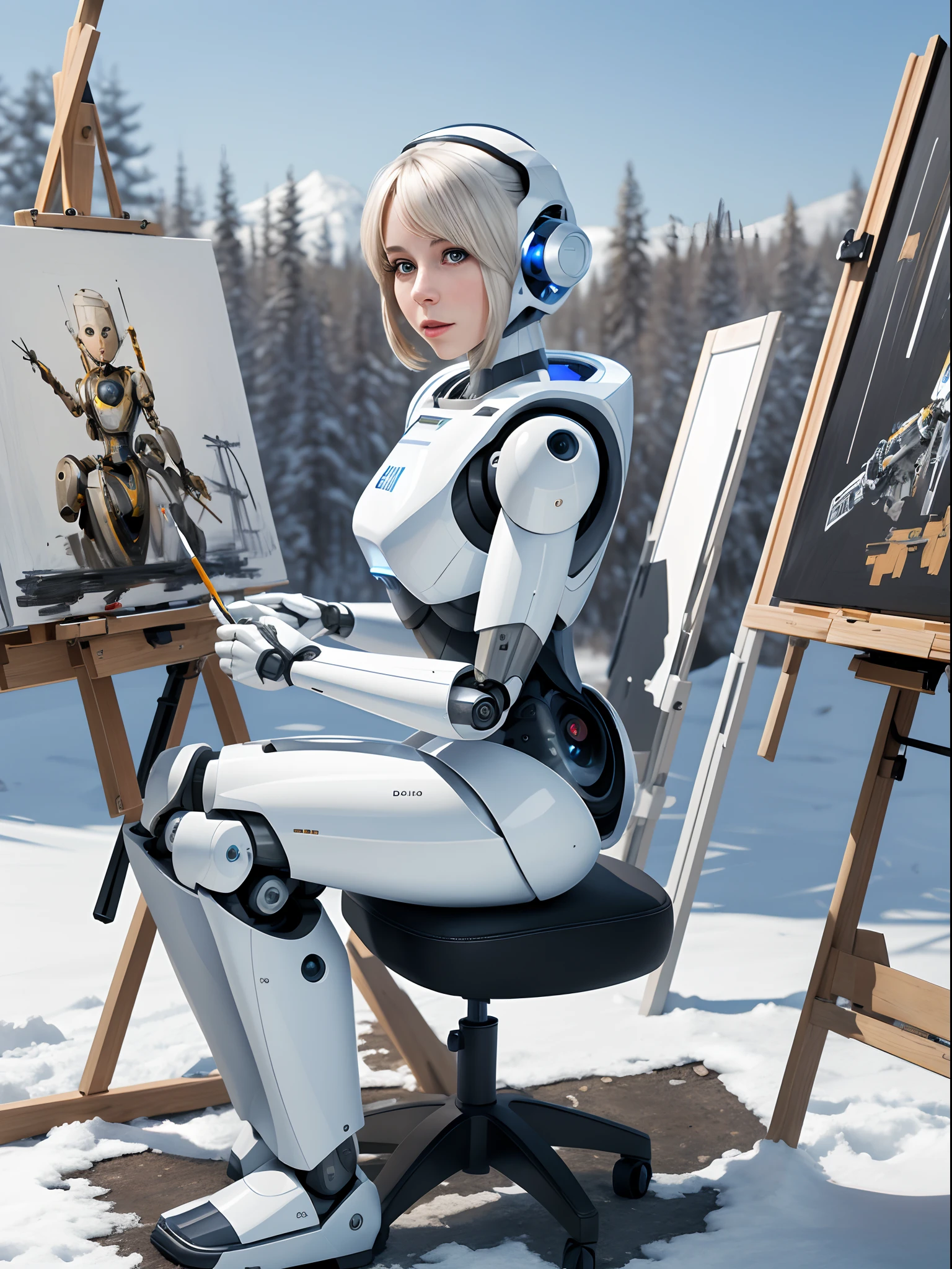 ((A white female robot)) is sitting on a chair in front of an easel, holding a paintbrush, her attention seems focused on the canvas placed on the easel as she draws. Full body, winter day, bfrozed meadow in background, detailed face, detailed eyes, wide angle, low angle, 8k resolution, elegant, near perfection, very detailed