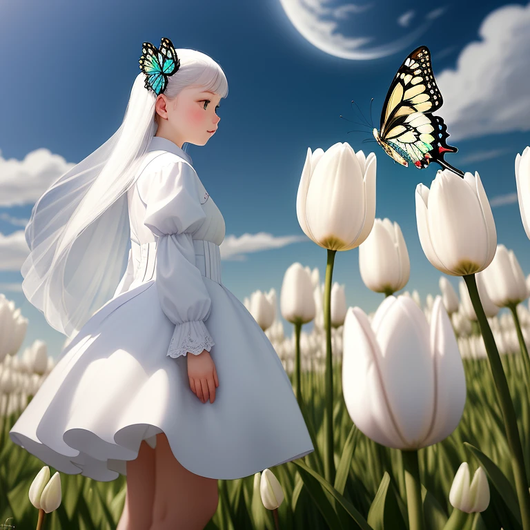 White tulips are blooming all over. A moonlit sky, a side view, a white swallowtail butterfly perched on a tulip.