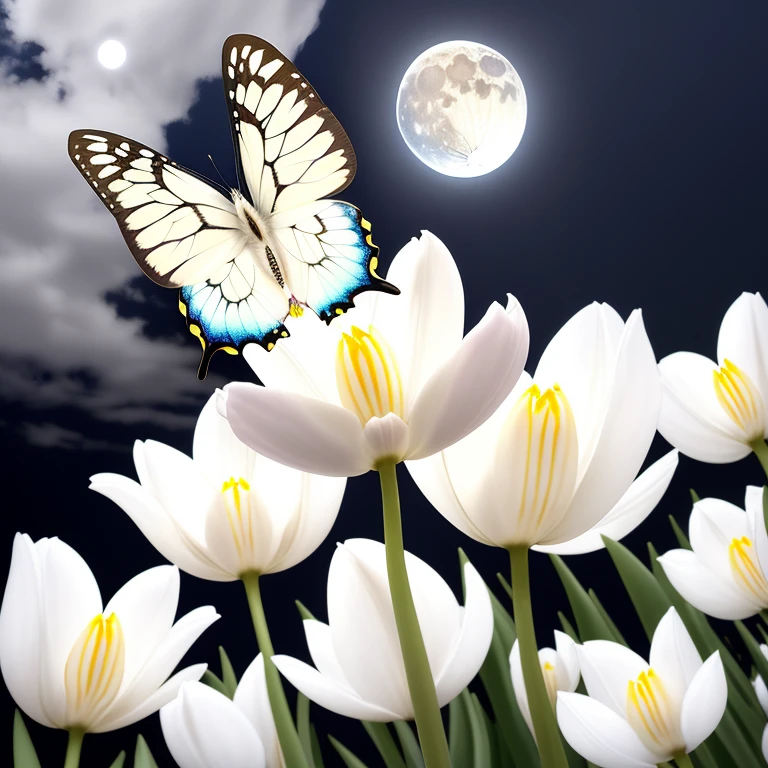 White tulips are blooming all over. A moonlit sky, a side view, a white swallowtail butterfly perched on a tulip.