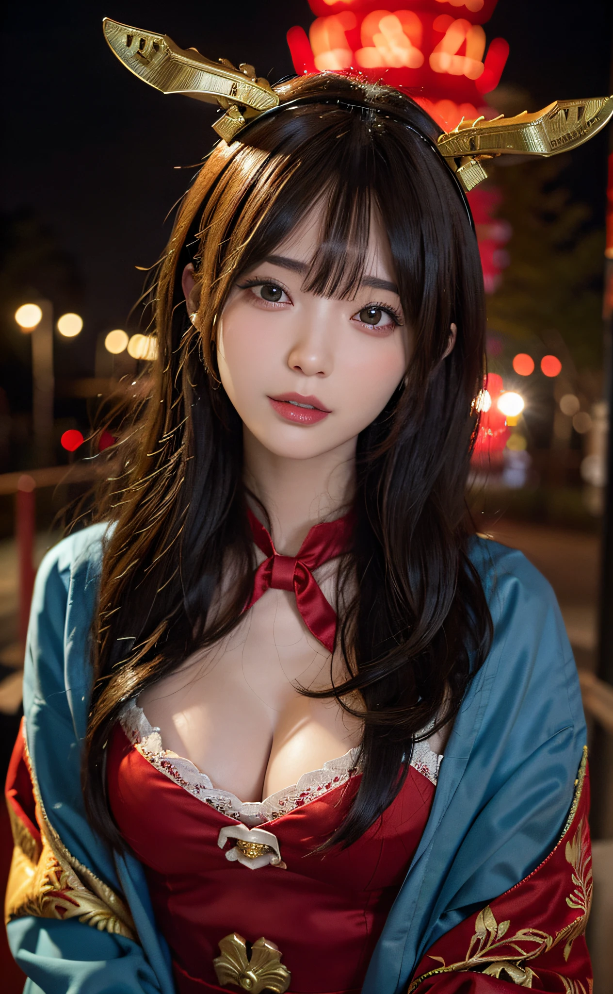 1girl, Tokyo street,night, cityscape,city lights, upper body,close-up, 8k, RAW photo, best quality, masterpiece,realistic, photo-realistic,headgear of red rose, parted bangs, long hair,
