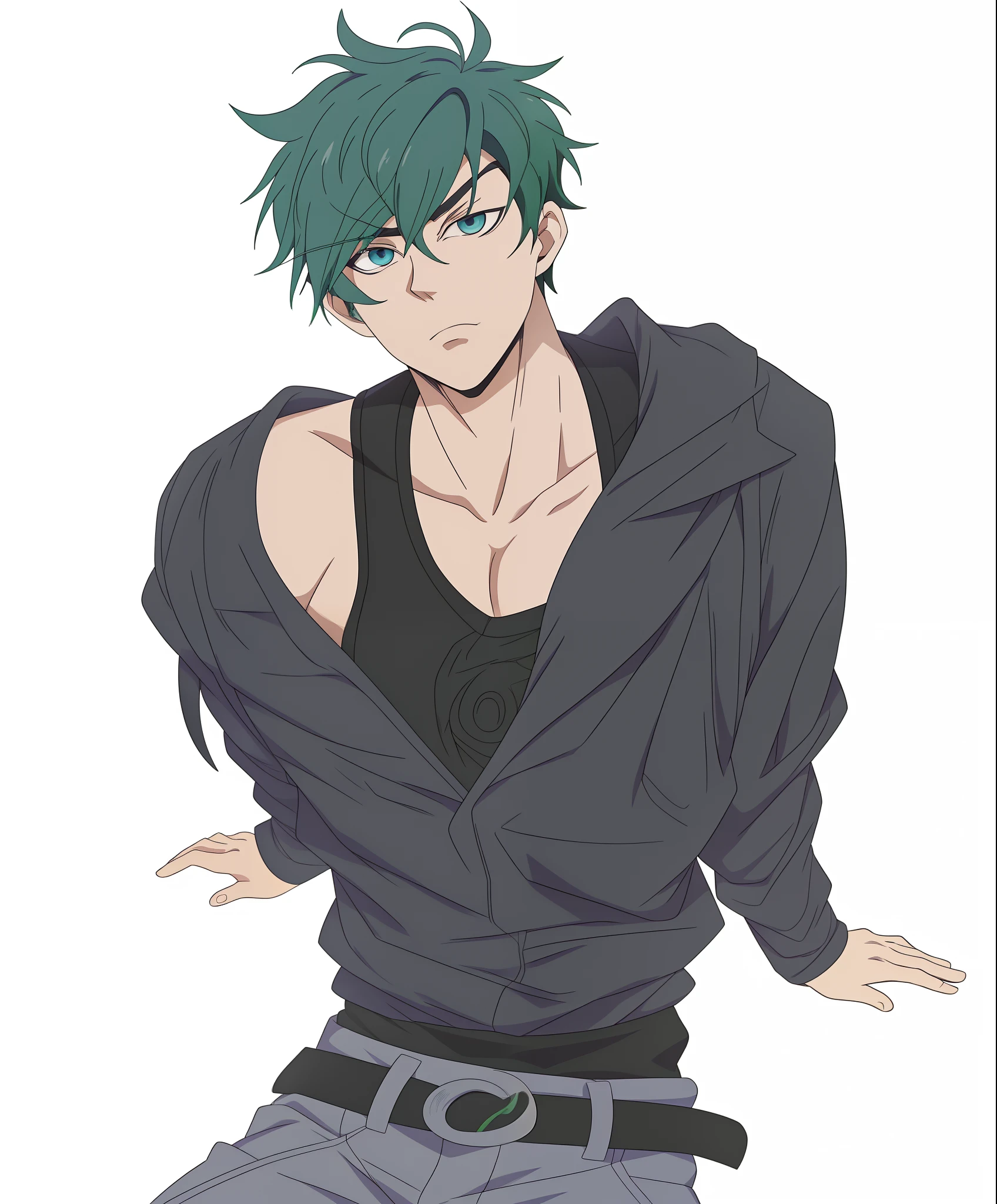 a close up of a person with green hair and a black shirt, inspired by Okumura Masanobu, inspired by Okumura Togyu, tall anime guy with blue eyes, handsome anime pose, male anime character, kentaro miura art style, young anime man, anime handsome man, trigger anime artstyle, kentaro miura style