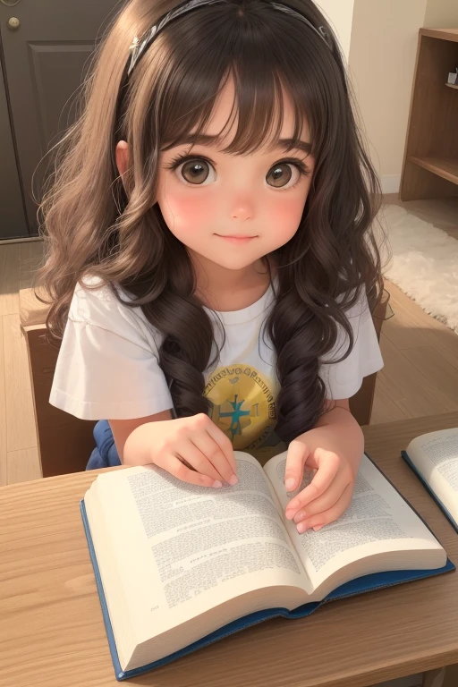 Girl who loves Jesus prays and reads the Bible. The girl is small, She's a kid. A tem apenas 5 anos de idade. A menina pele marrom, olhos pretos, grandes e brilhantes. A menina tem c longos e encaracolados. The girl is happy.