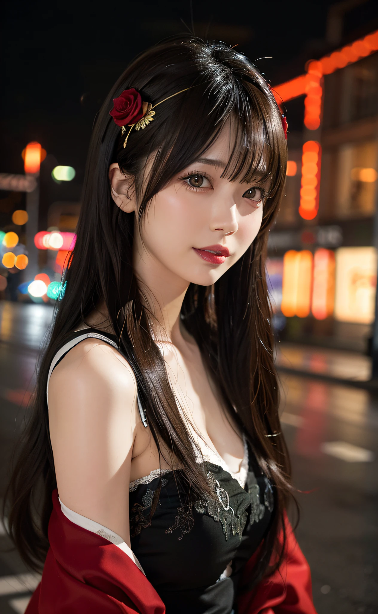 One girl, Kobe Street,night, Cityscape,City lights, Upper Body,close, 8K, RAW Photos, Highest quality, masterpiece,Realistic, photo-Realistic,Red rose headgear, Parted bangs, Long Hair,