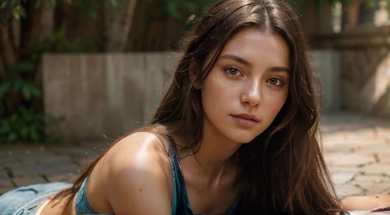 Natural photography of a beautiful girl, wearing a loose crop top, leaning over, long flowing hair, big bust, locks eyes into the camera, symmetrical eyes, symmetrical face, photorealistic, photography, path tracing, specular lighting, volumetric face light, path traced hair, visible shadows, intricate, elaborate