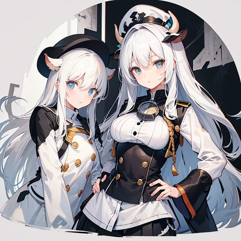 Captain's hat　white  hair　Long cut　Cow ears　black-and-white