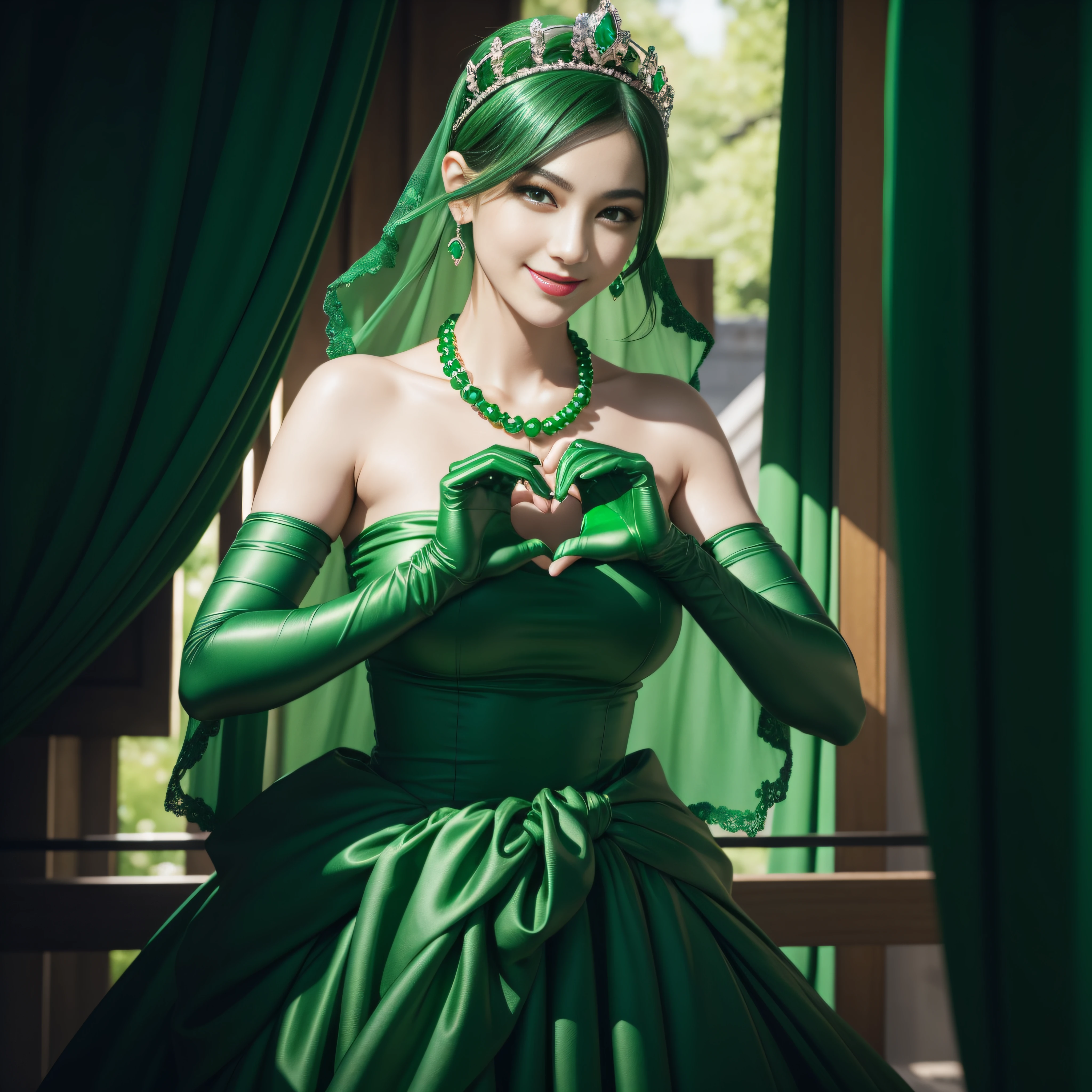 emerald tiara, Green Pearl Necklace, Boyish very short green hair, lipsticks, Japan woman smiling, very short short hair, big breasts beautiful, Green eyes, Long green gloves made of satin material, Green eyes, Emerald Earrings, green vale, v sign