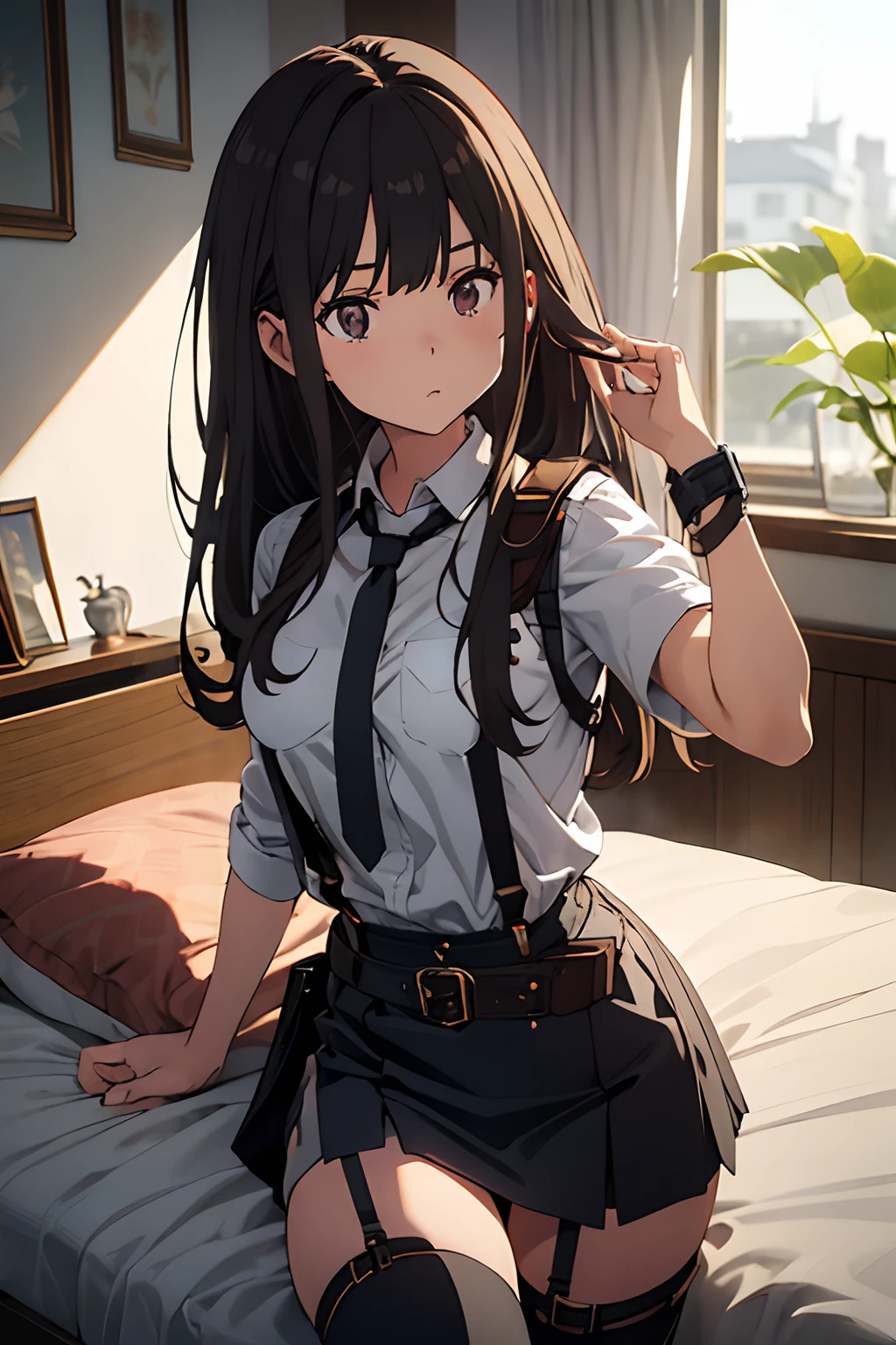 ​masterpiece、flat-colors、depth of fields、lens flare 1 girl、、Brown hair、watching at viewers　　　black suspenders　　　Bulging big breasts　　　 　 　　　walls: 　Black miniskirt　garters　　　　　　Gaze　　　Small face　bangss 　　　holster　　Belt Armament　Beautuful Women　srestrained　hands up　Lying in bed　Leg holster lying on the bed