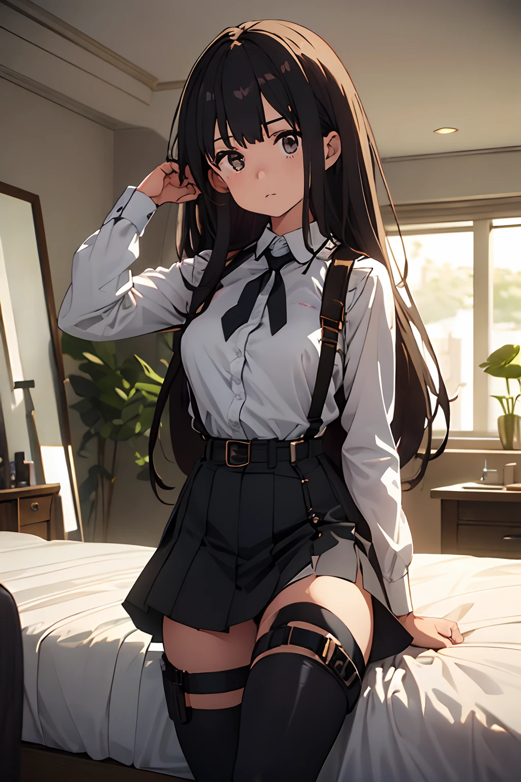 ​masterpiece、flat-colors、depth of fields、lens flare 1 girl、、Brown hair、watching at viewers　　　black suspenders　　　Bulging big breasts　　　 　 　　　walls: 　Black miniskirt　garters　　　　　　Gaze　　　Small face　bangss 　　　holster　　Belt Armament　Beautuful Women　srestrained　hands up　Lying in bed　Leg holster lying on the bed