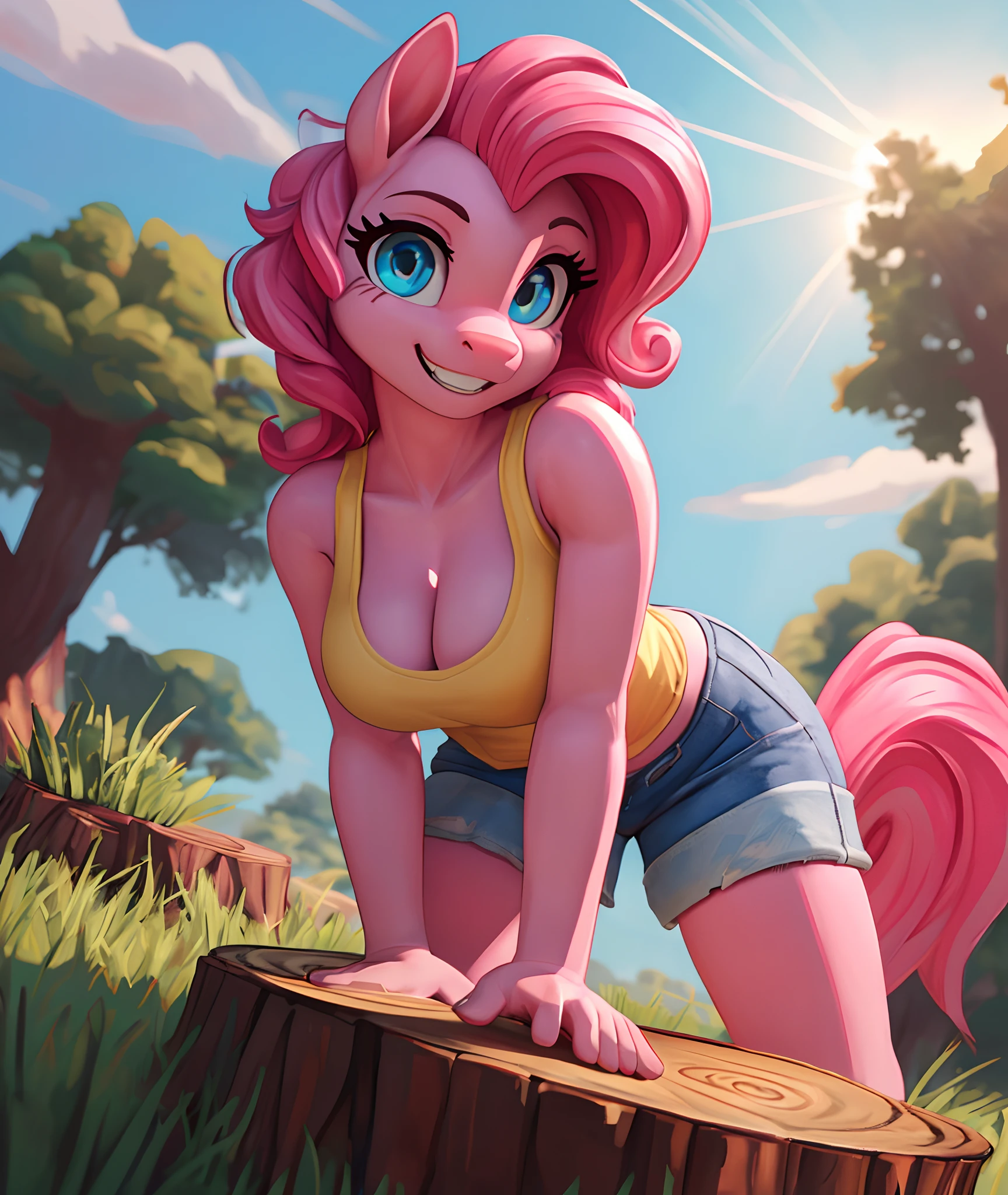 [pinky pie], [Uploaded to e621.net; (siden), (Pixelsketcher), (mayosplash), (wamudraws)], ((masterpiece)), ((HD)), ((solo portrait)), ((full body)), ((furry; anthro)), ((detailed fur)), ((detailed shading)), ((beautiful render art)),  ((intricate details)), {anthro horse; (slim female figure), (pink fur), (cute cyan eyes), (long eyelashes), horse snout, (curly hot-pink hair), (curly hot-pink tail), (yellow and blue balloon on thigh), (medium boobs), (gorgeous hips), (excited smile), (white teeth)}, {(yellow sleeveless shirt), (cleavage), (denim short shorts), (panties visible), (white-stripes on light-blue thigh-highs), (light-blue sneakers)}, {(all fours), (leaning on tree stump), (bending over), (looking at viewer)}, [background; (grass plains), (clouds), (blue sky), (sun rays)]